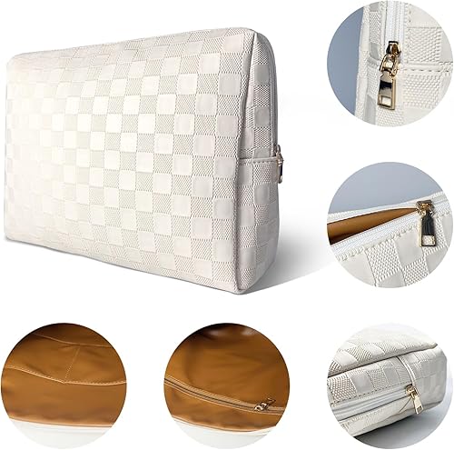 Miniatura 2 de Bolsa de maquillaje a cuadros, bolsa de cosméticos grande de cuero Portabel, bolsa de cosméticos de viaje de gran capacidad para mujeres, diseño