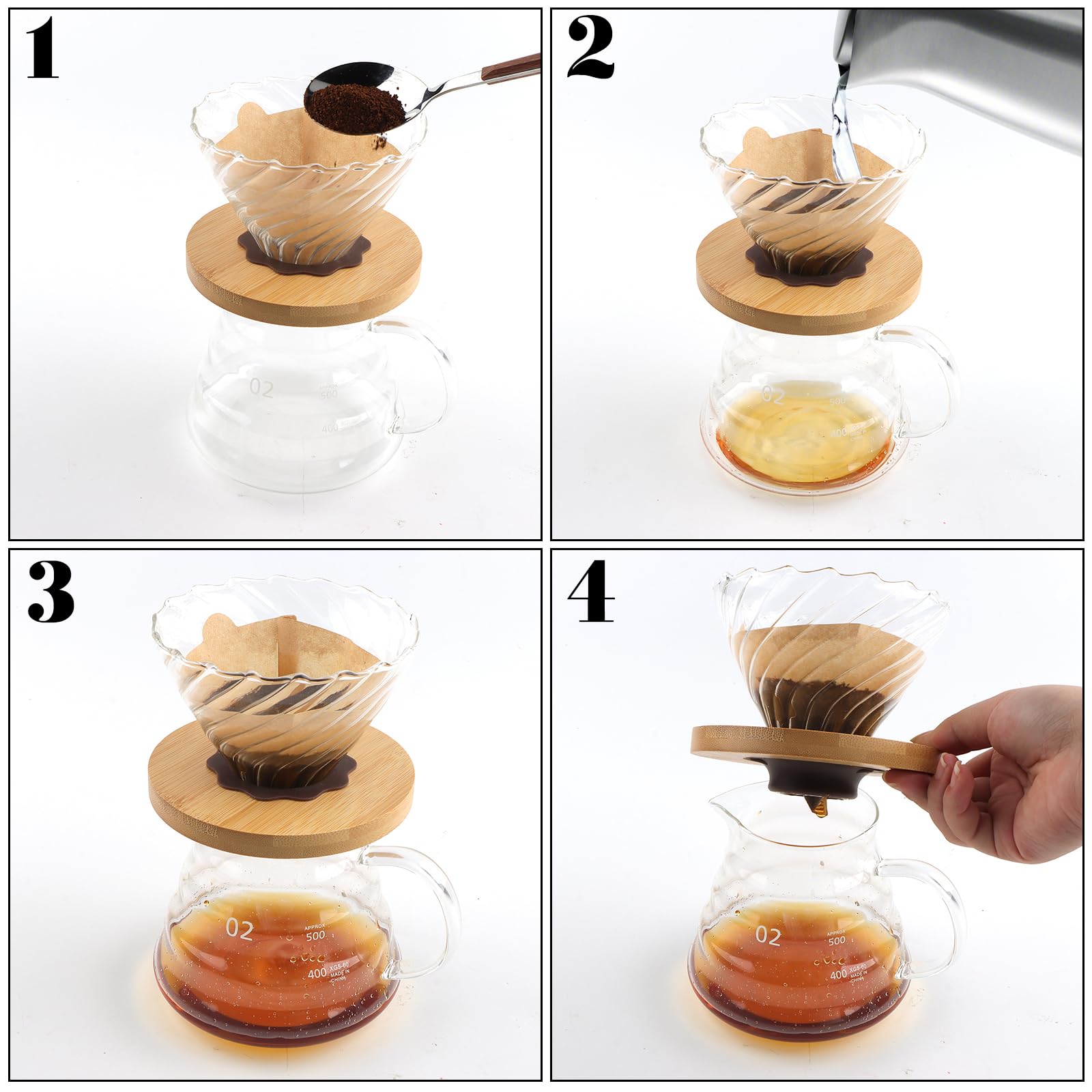 Ensemble de Café Filtré à la Main avec Carafe en Verre & Filtre en Bois Carafe à Main en Borosilicate 600ml avec Filtre V02 Support en Bambou & Coussinet en Silicone incl. 50 Filtres en Papier