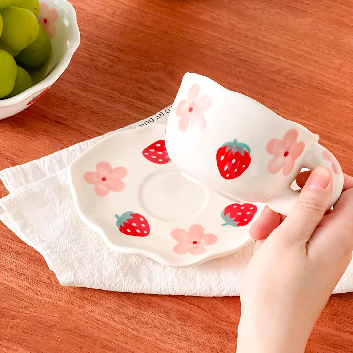 Noviko Coffee Mug with Saucer Ceramic TeaCup Unique Coffee Mugs for Women (Strawberry S)
