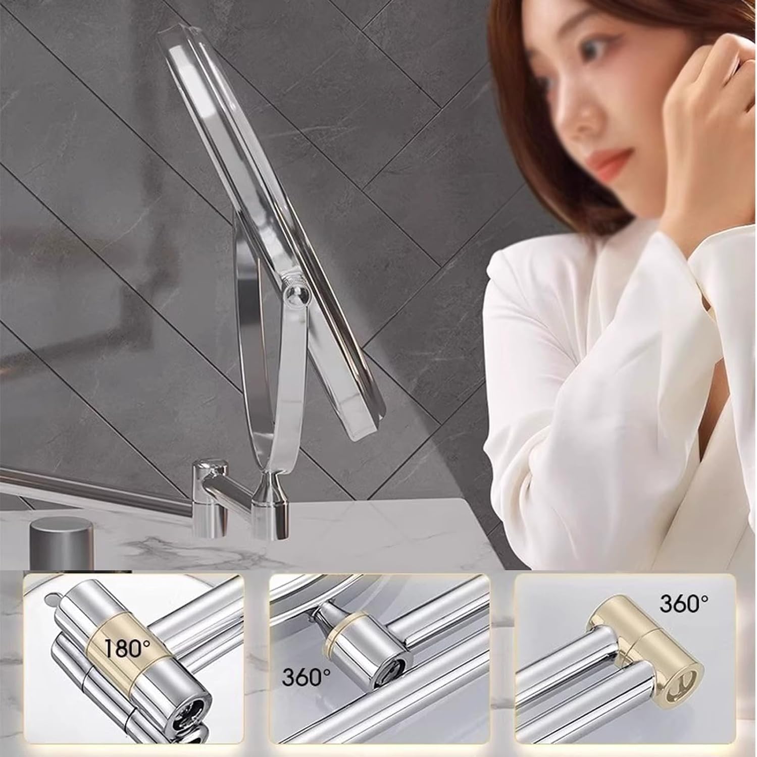 伸縮可能 壁付けメイク化粧道具 折りたたみホテルミラー 洗面所用 両面化粧鏡 6インチ 8インチ 3倍拡大鏡 壁掛けミラー 壁掛け化