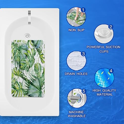 Miniatura 5 de Tapete antideslizante para bañera con hojas de palmera, 15 x 27 pulgadas, con agujeros de drenaje, ventosas, lavable, botánico, Monstera, para