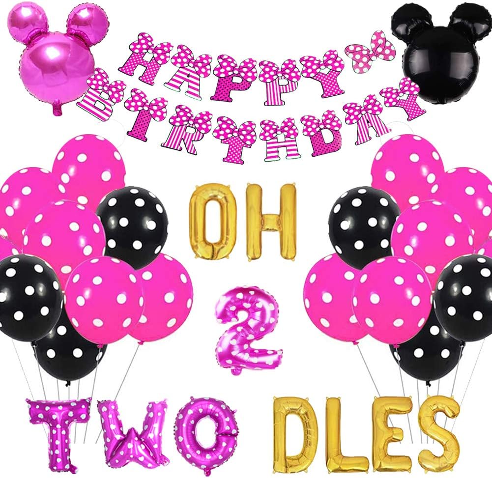 GeloarOh Twodles Birthday Party Supplies, Oh Twodles Birthday Balloons Minnie Mouse Happy Birthday Banner for Minnie 2nd Birthday Party Supplies Second Girl Minnie Mouse Birthday Party Decoration