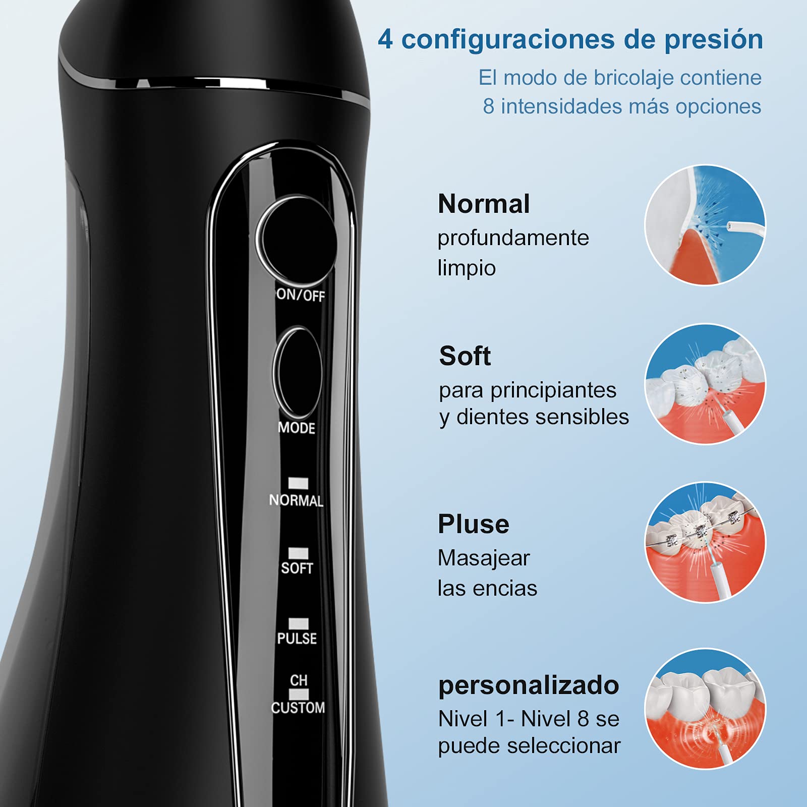 Irrigador Bucal Portatil Profesional - Irrigador Dental con 5 Boquillas 4 Modos, IPX7 Impermeable Limpieza Dientes, USB Recargable para Limpieza Dental, Irrigadores bucales Electrico Negro