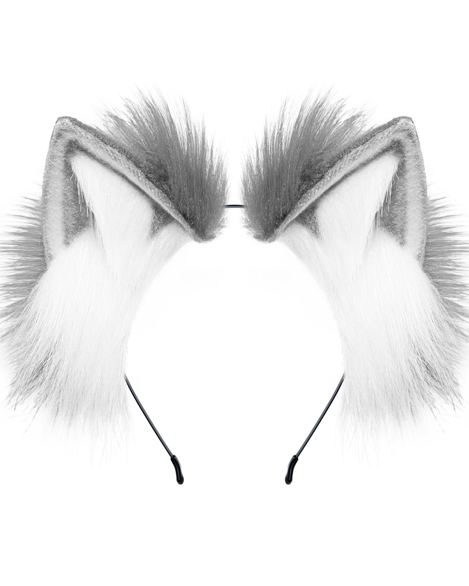 BNLIDES Handmade Fur Fox Wolf Cat Ears Headband Adult Cosplay Costume Accessories for Halloween (Grey White)