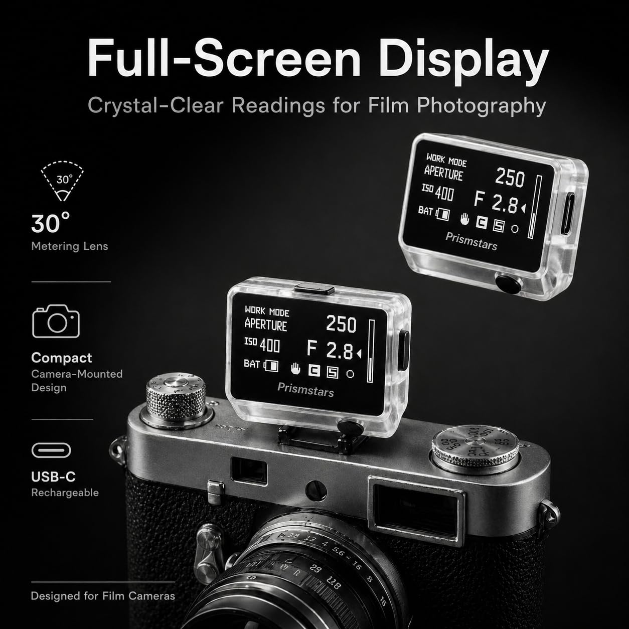 TsoLay Esposimetro per Fotocamera a Pellicola, Esposimetro Hot Shoe con Display a Schermo Intero, Angolo 30°, ISO, Apertura e velocità Regolabili, Lungo Standby, per Principianti e Fotografi