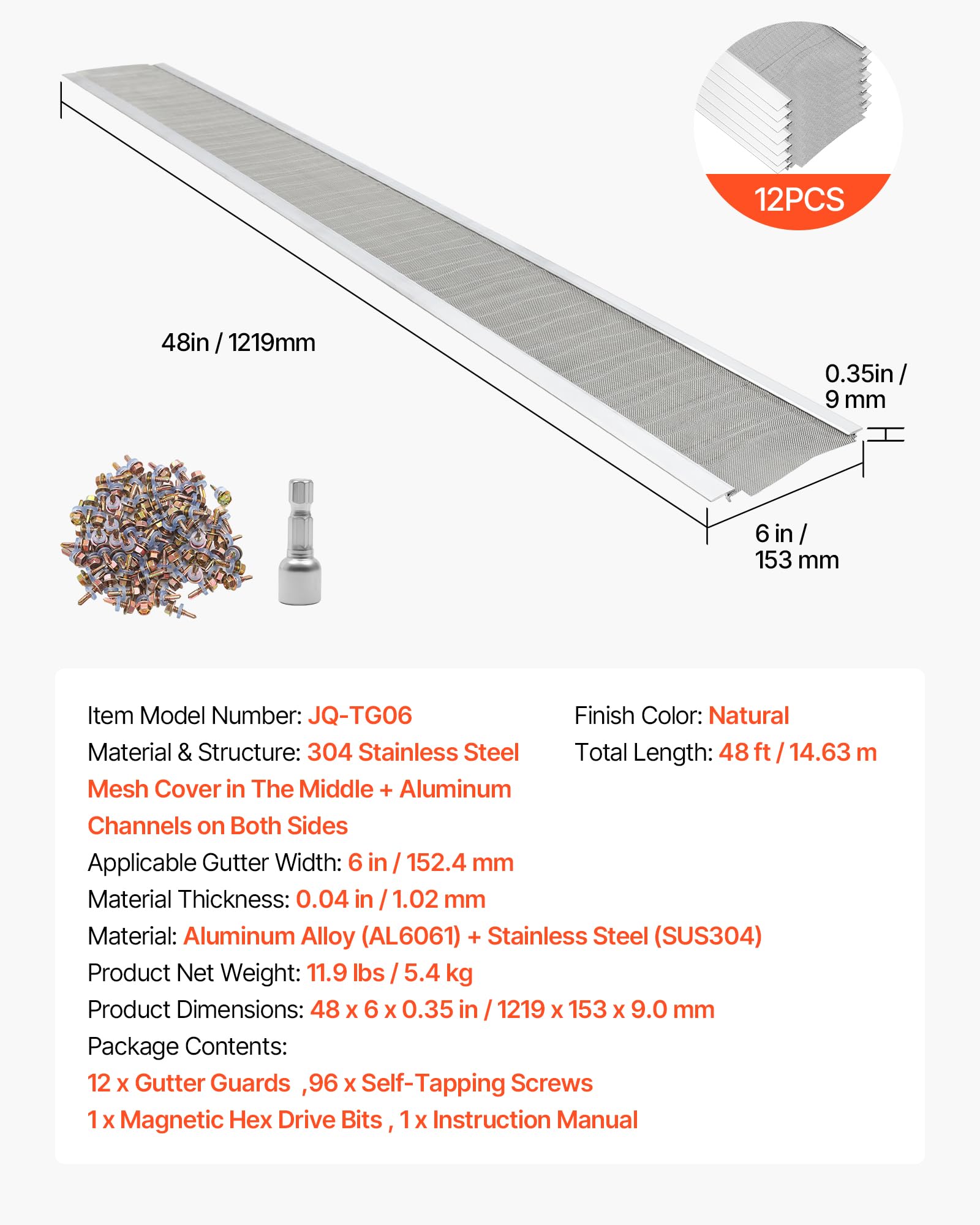 VEVOR Protector de Canalón de 152,4 mm x 14,63 m, Rejilla para Canalón de Aluminio con Malla Inoxidable, Cubierta Antihojas con Drenaje, Tornillos para Agujas de Pino, Residuos, Tejados, 12 Unidades
