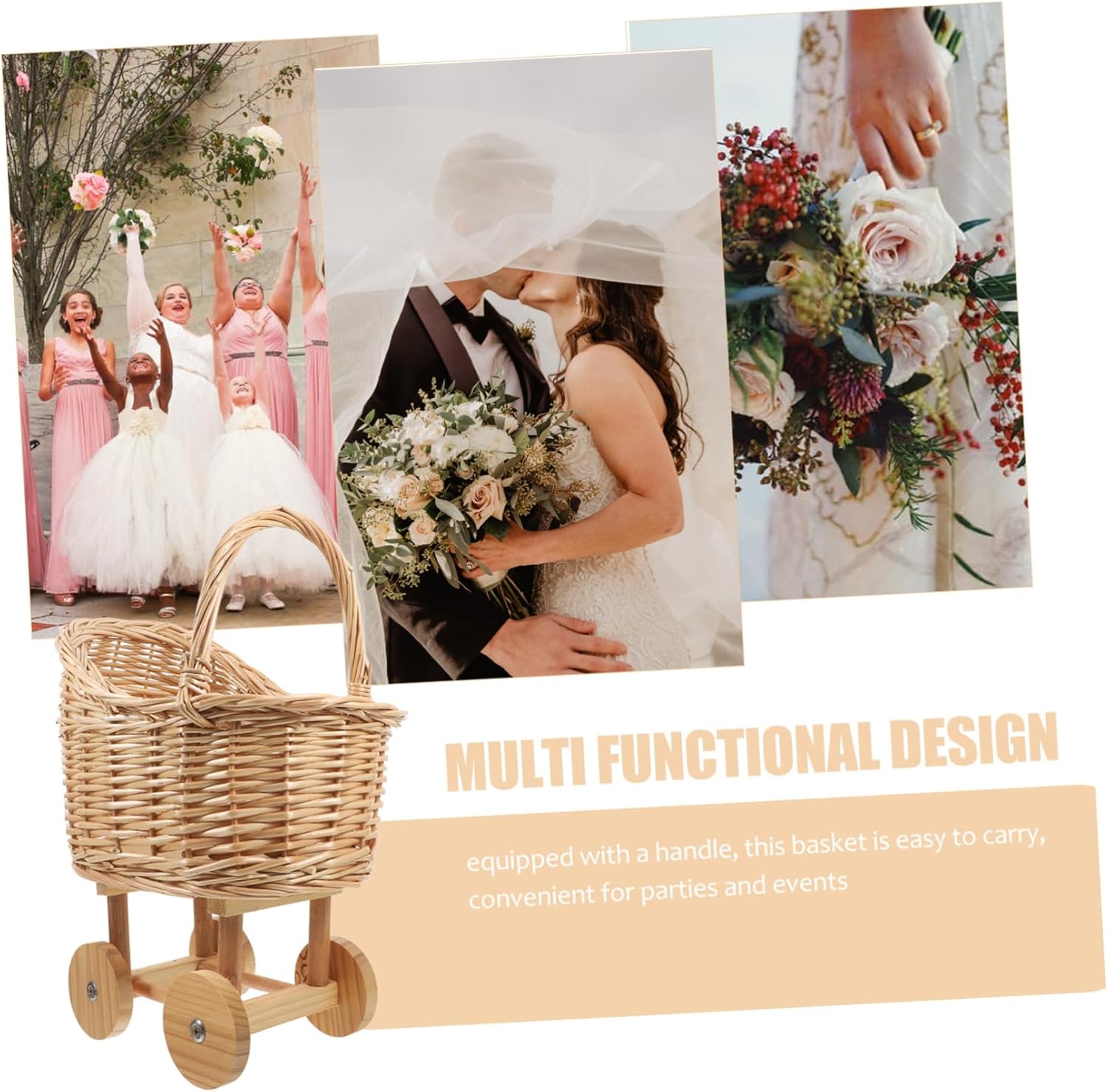 Woven Rattan Stroller Basket for Flower Rustic Decorative Basket with Handle for Weddings and Showers for and Event Decoration