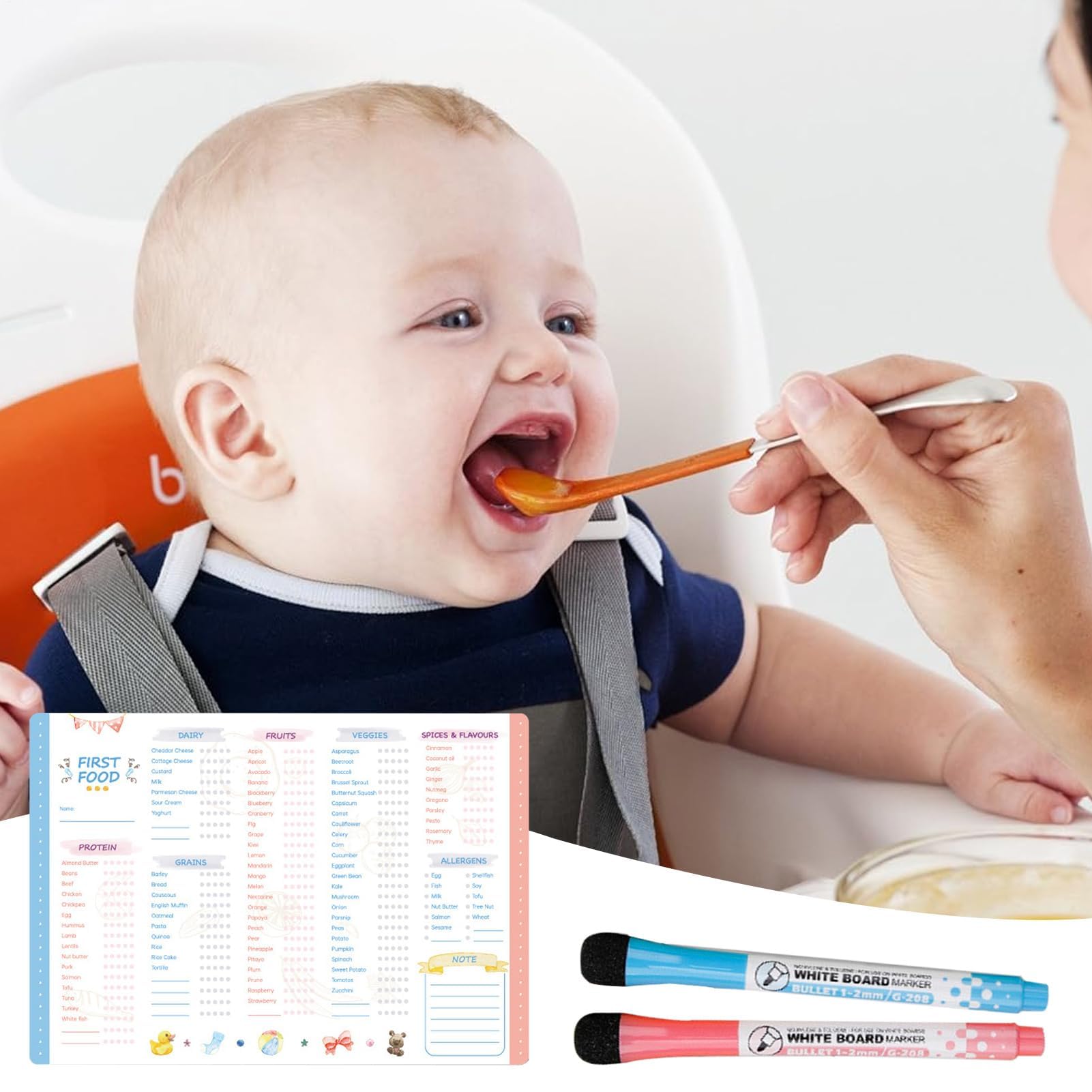 Babynahrungs-Tracker – Magnetische Erste-Nahrungs-Tabelle mit Whiteboard-Stiften | Multifunktionales Belohnungssystem & Checkliste für Säuglingsnahrung