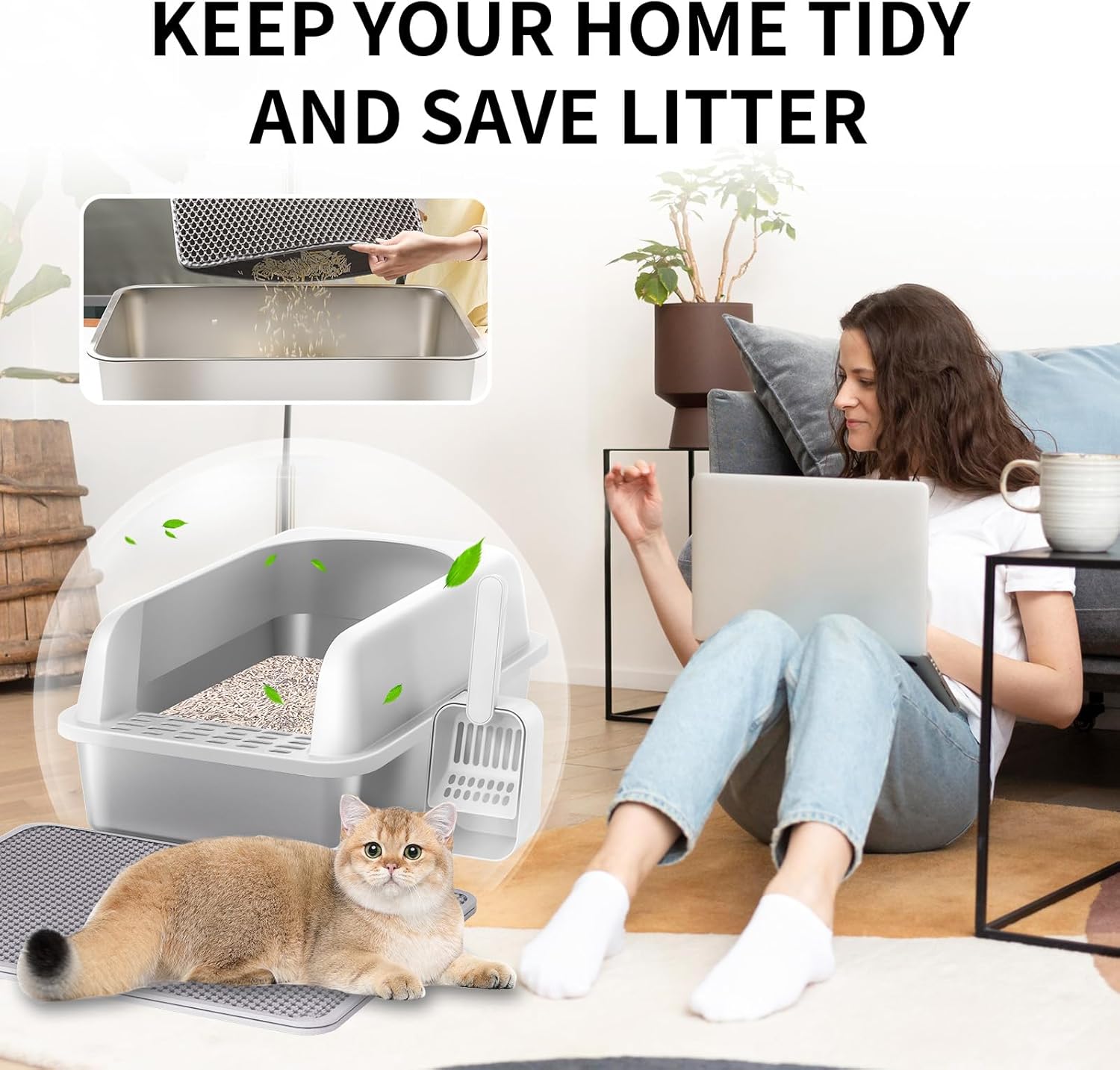 Prodigen Stainless Steel Cat Litter Box with Lid High Wall Sides Enclosure, Non-Sticky, Anti-Leakage, Easy Cleaning, with Cat Mat & Metal Scoop, 19.6 L x 14 W x 12 H