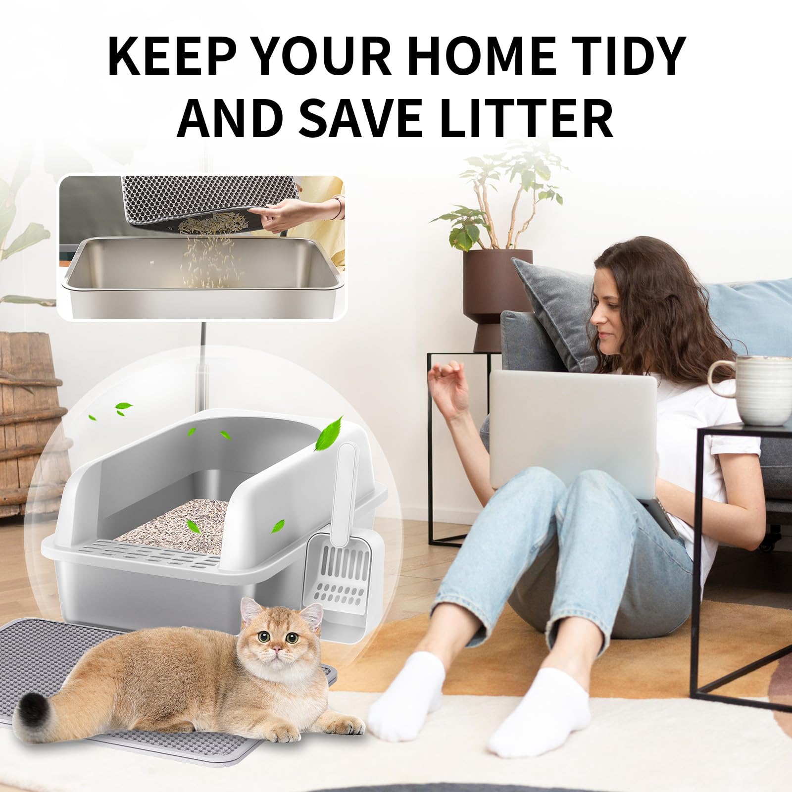 Prodigen Extra Large Stainless Steel Cat Litter Box with Lid High Wall Sides Enclosure, Non-Sticky, Anti-Leakage, Easy Cleaning，with Cat Mat & Metal Scoop, 24" L x 16" W x 12" H - image 7