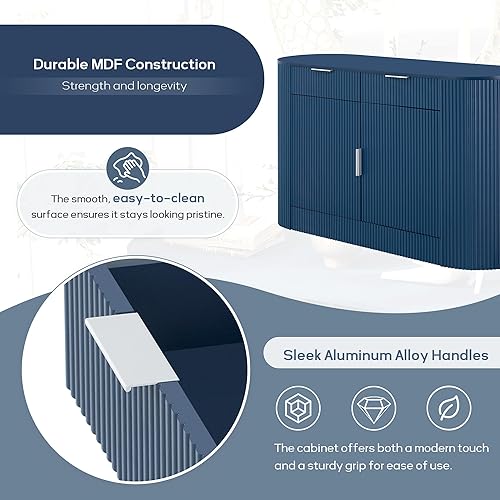 Miniatura 34 de Aparador de armario de almacenamiento curvado con 2 puertas y 2 cajones, mesa consola de entrada de madera de 55 pulgadas con puerta lateral curvada