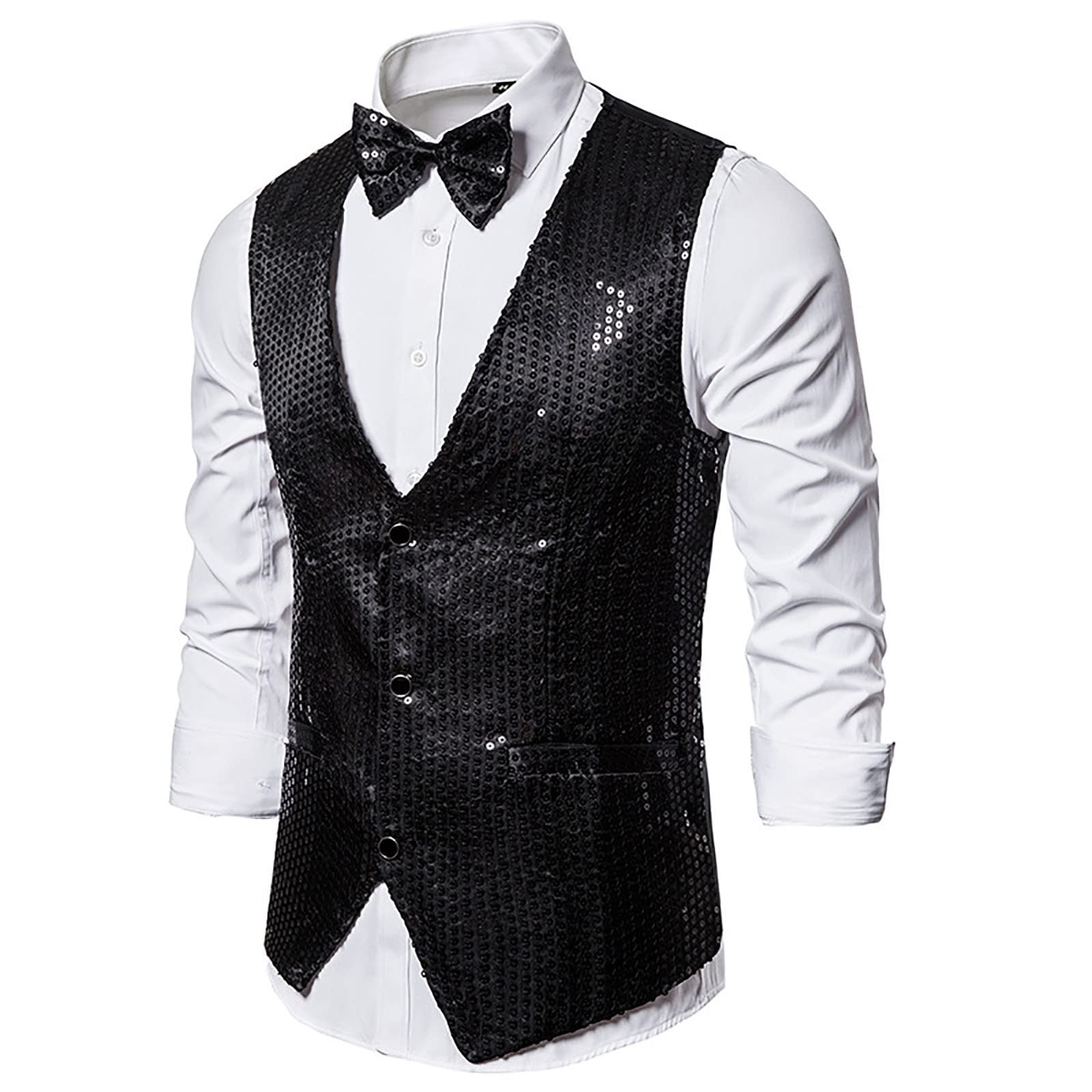 Men's Shiny Sequin Suit Vest V-Neck Regular-Fit Party Dress Suit Waistcoat Bowtie 2 Pieces, Mens Sequins Vest Shiny Party Nightclub Waistcoats Sleeveless Jacket Prom Dress Suits Vest with Bow Tie