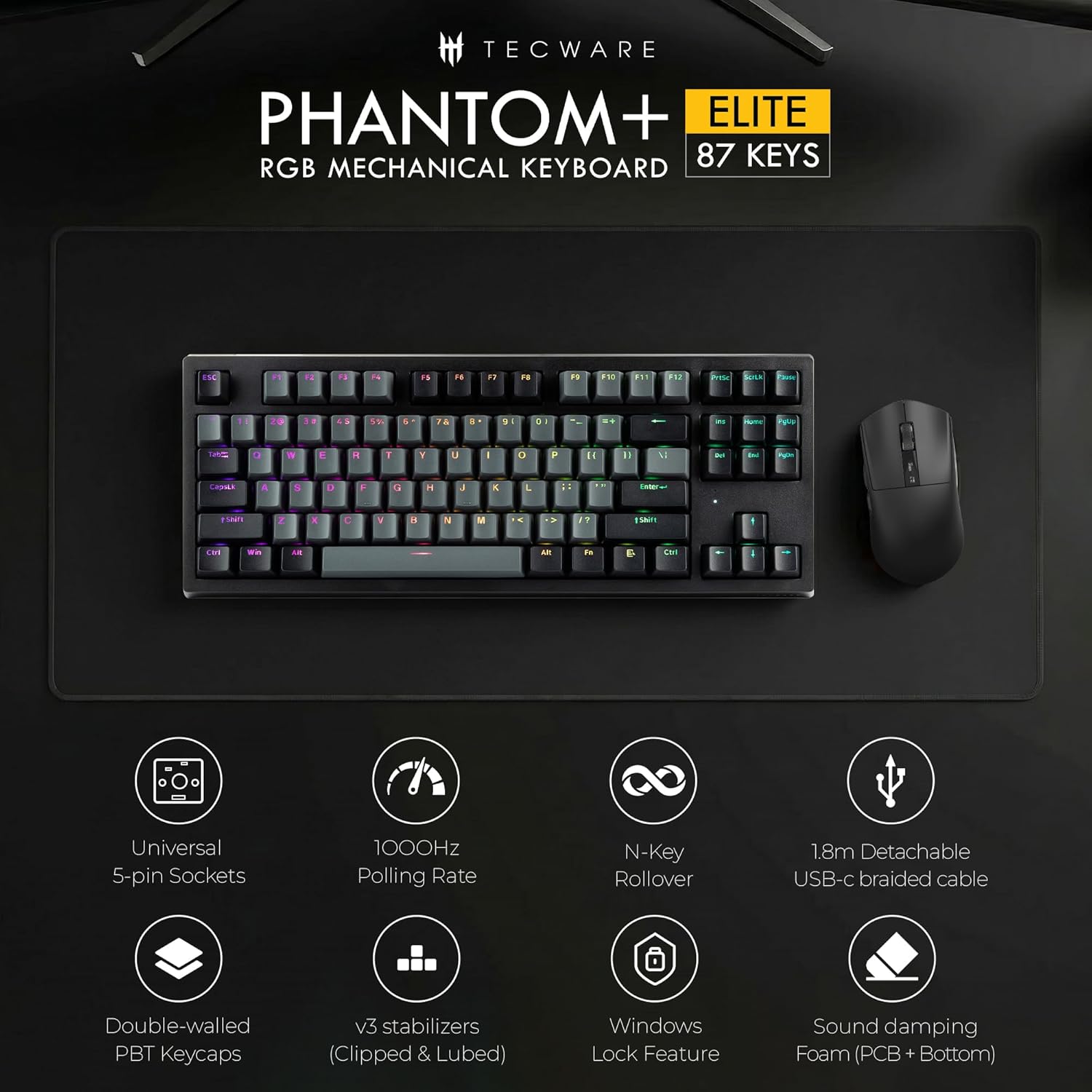 TECWARE Phantom+ Elite 87 Key RGB Mechanical Gaming Keyboard | 3 Mode Wireless Bluetooth 5.0 2.4GHz & USB C Wired | Hot Swappable 5 Pin | Double Shot PBT Keycaps | Wraith Pink Switch - Black