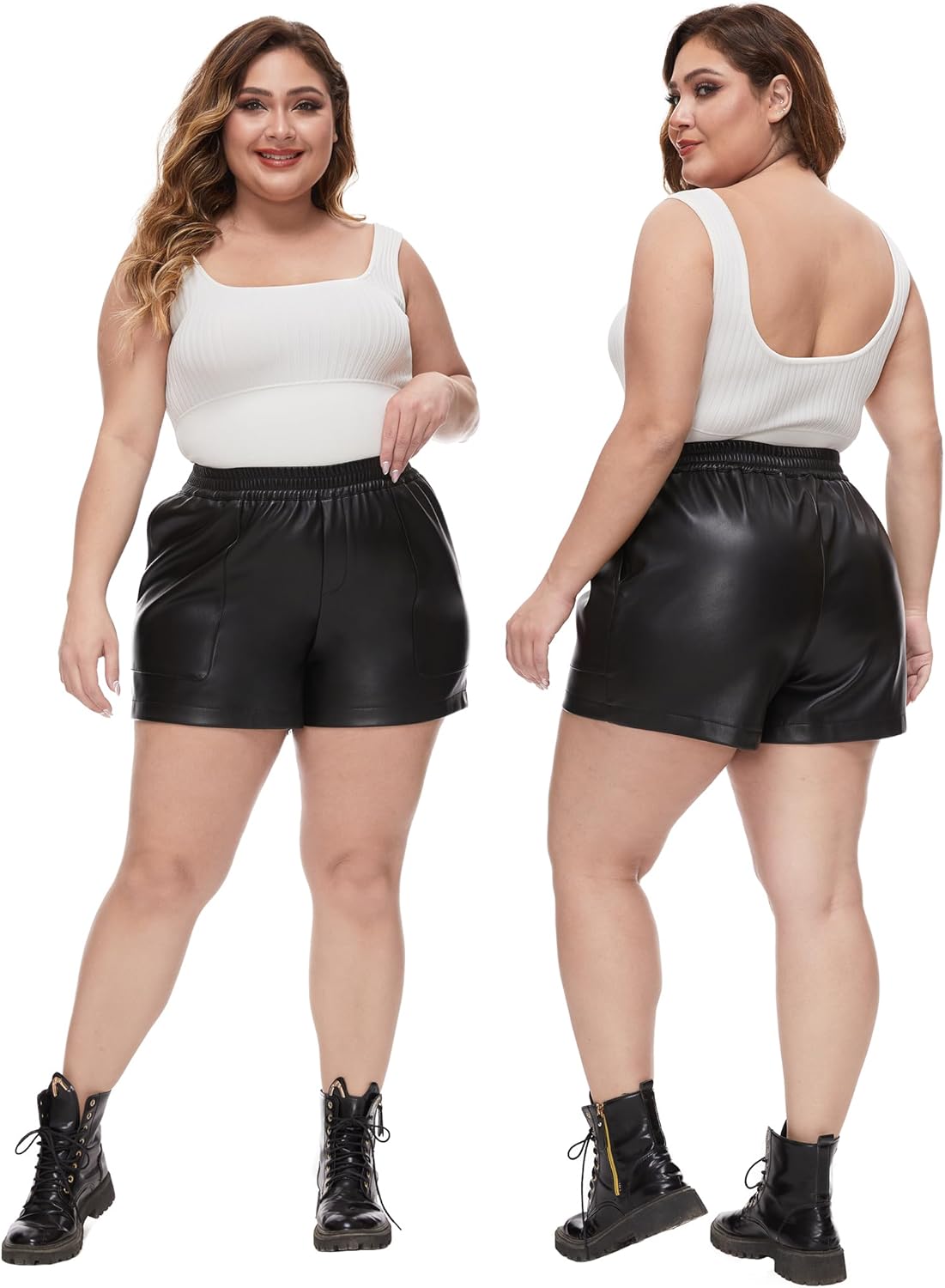 Fahsyee Plus Size Black Shorts - Faux Elastic High Waisted Leather Short for Women PU Pleather Casual with Pockets 0X-4X - Image 6