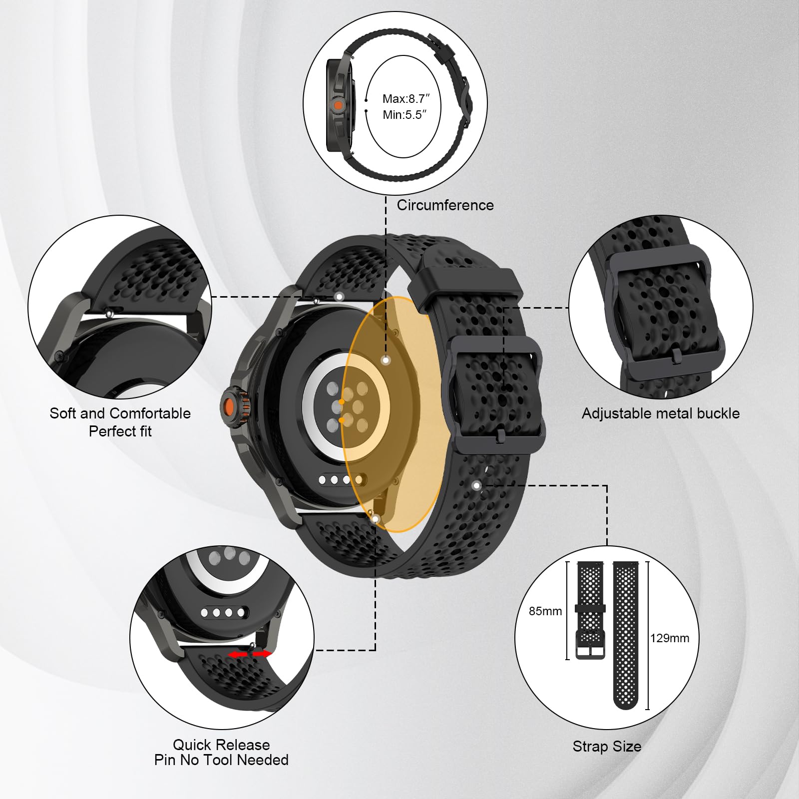 Cinturino In Silicone Per Amazfit Balance 2 – 2 Pezzi, Sgancio Rapido, Traspirante E Impermeabile (Grigio + Nero)
