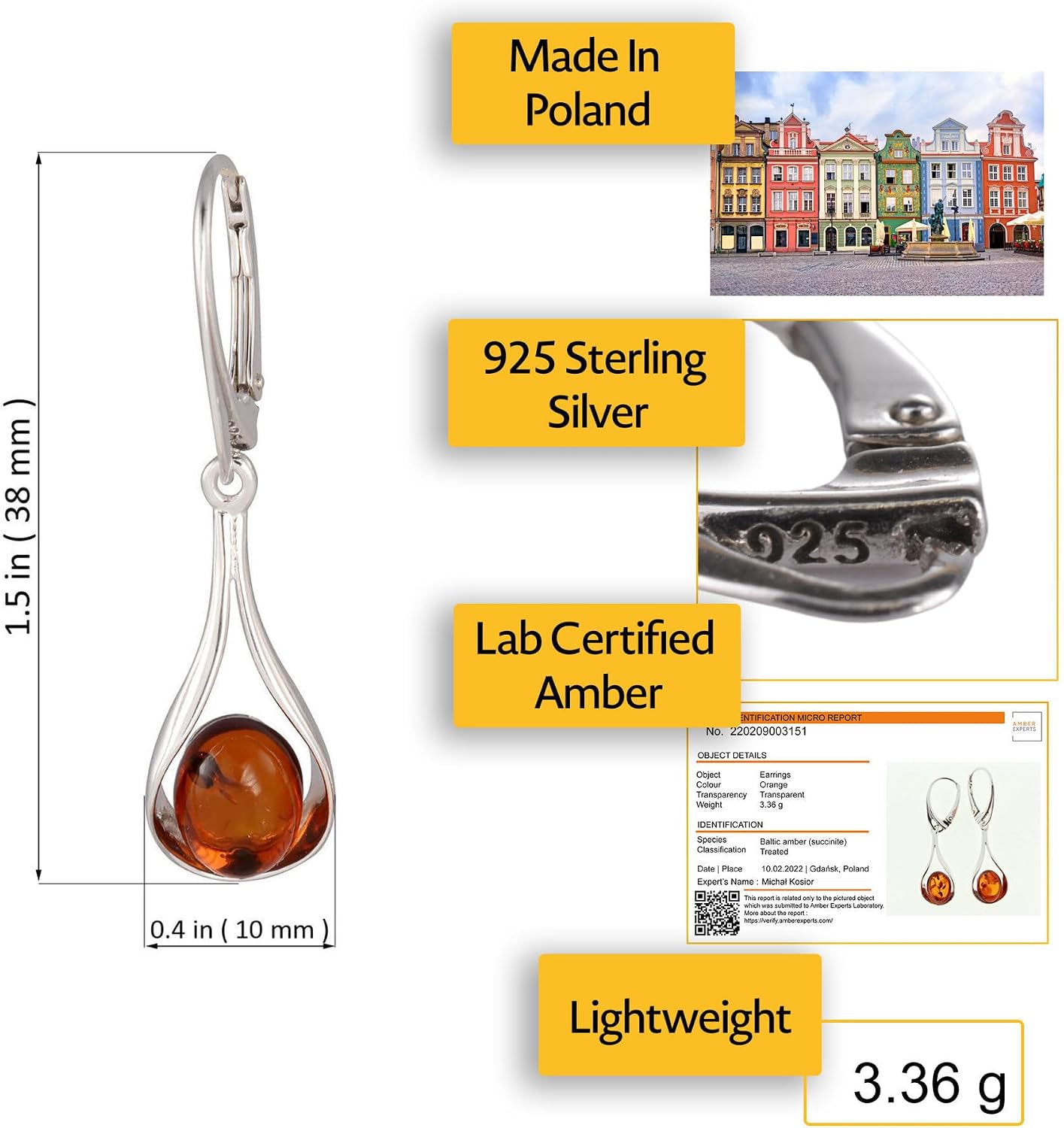 Amber Earrings - Baltic Honey Amber French Lever Back Earrings - Sterling Silver Jewelry Collection