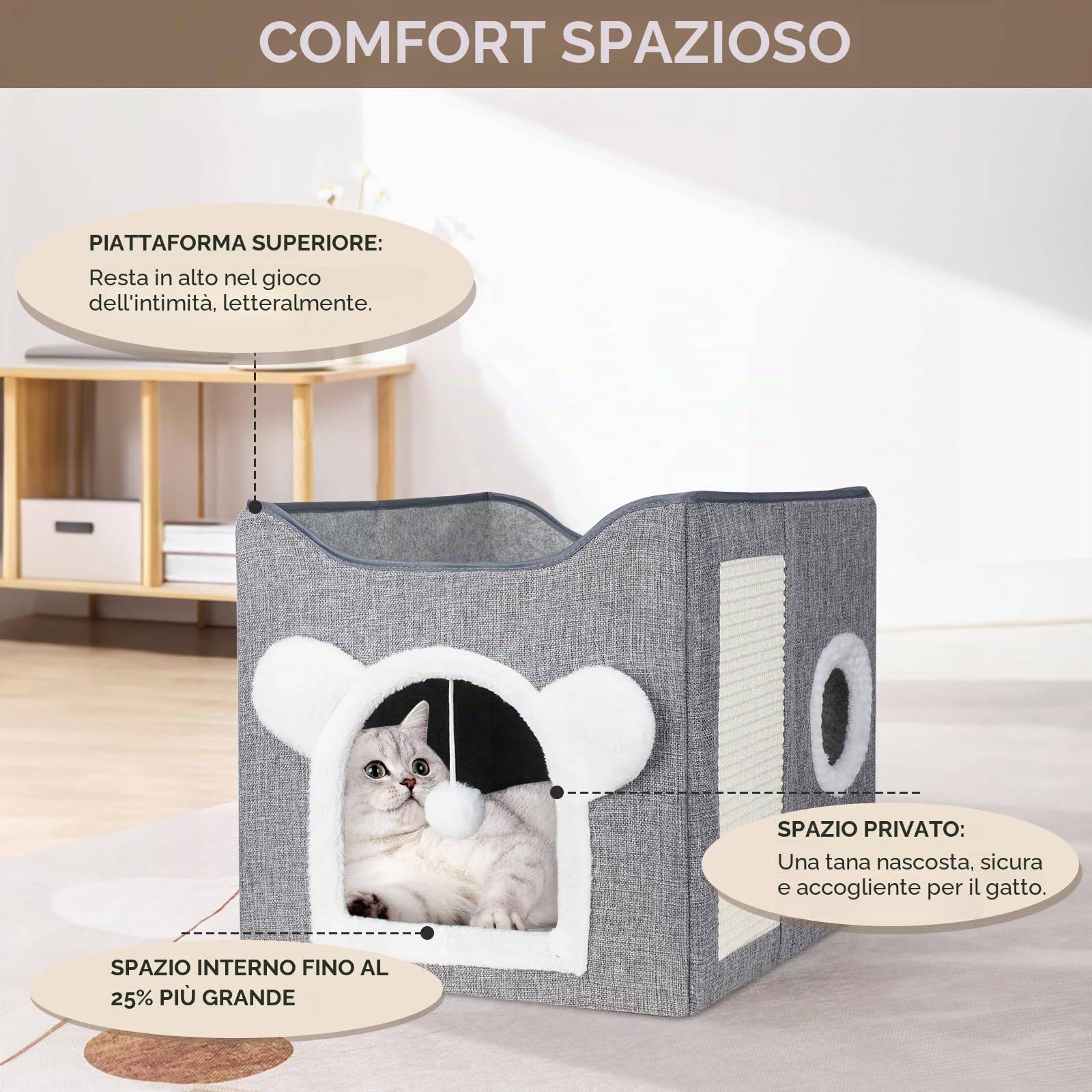 Casetta pieghevole per gatto, Cuccia Gatto Casa pieghevole con terrazza, letto a 2 strati grande grotta con tiragraffi e Pallina da Gioco