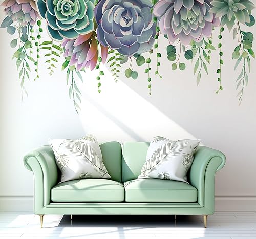 Calcomanías de pared de plantas suculentas, hojas, despegar y pegar, calcomanías de pared de vinilo con flores grandes, extraíbles para colgar,