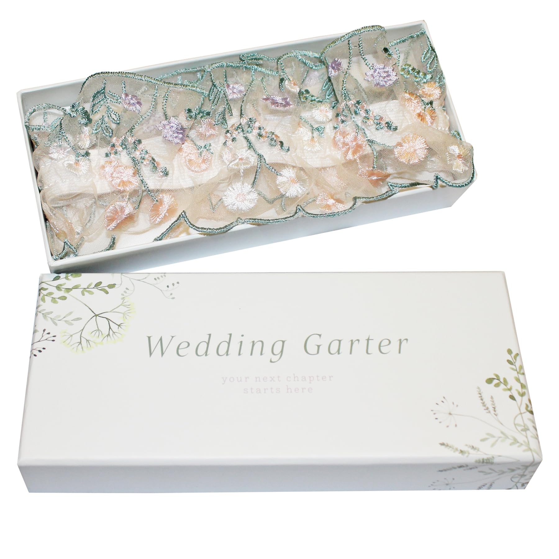 Widdle Gifts Wedding Garter Gift Boxed for Bride Tulle with Embroidered Wild Flower Design Keepsake - 4277