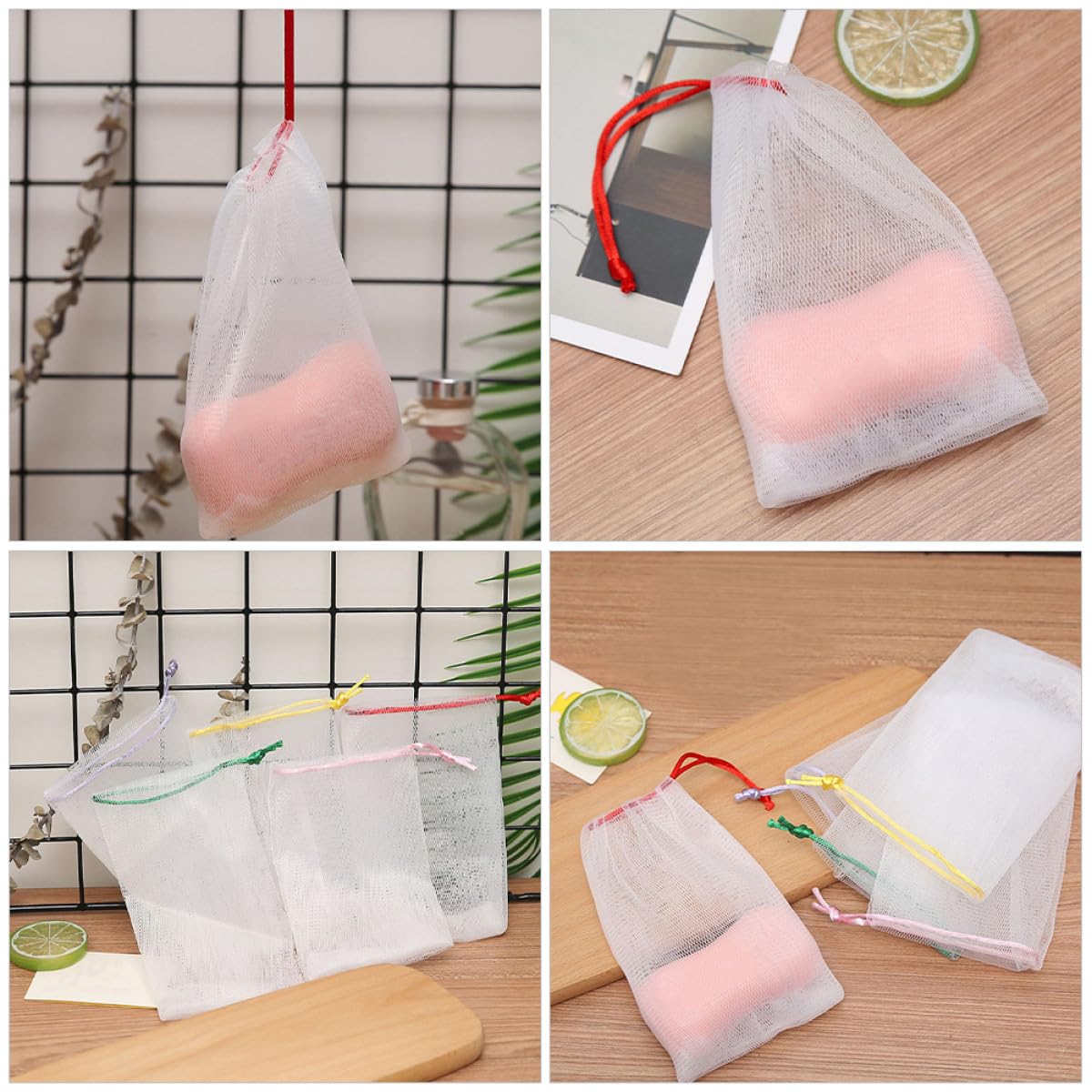 LABRIMP 50 Pezzi Sacchetti Portasapone in Pe Rete Schiumogena la Pulizia del Viso, Design Laccetto Appendibile, Borsa Pratica per Sapone Solido e Detergente