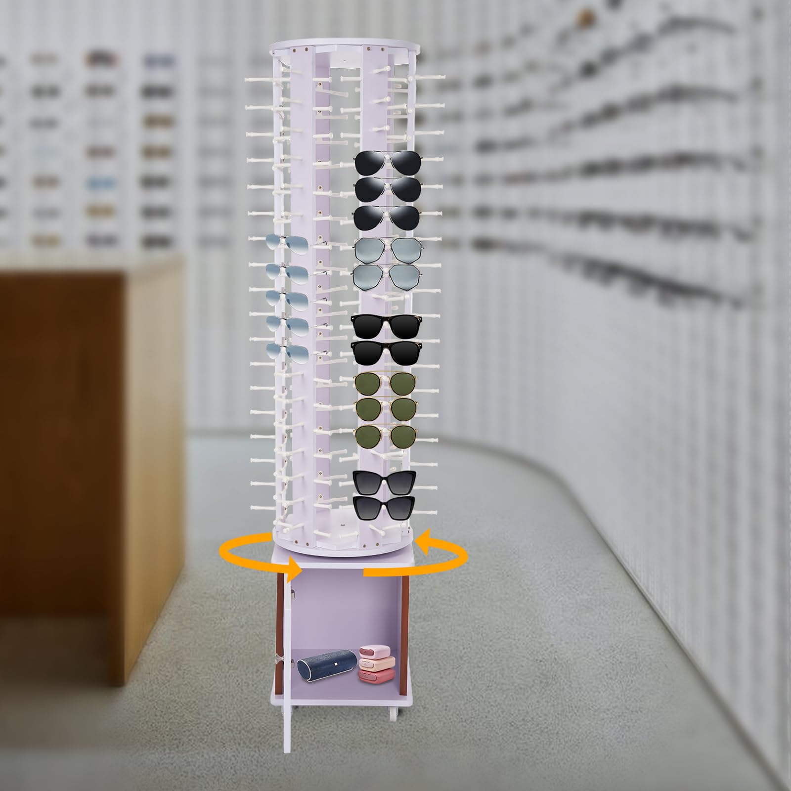 360° Rotating Glasses Display Stand, 108 Pairs Rotating Sunglasses Holder Glasses Display Stand Sided Eyeglass Rack Organizer Case Freestanding with Wheels for Glasses, Jewelry (Light Purple)