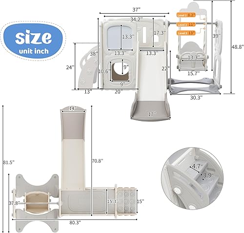 Miniatura 6 de Virubi Tobogán 7 en 1 para niños pequeños con columpio, escalador, aro de baloncesto, caballete, túnel, telescopio y espacio de almacenamiento,