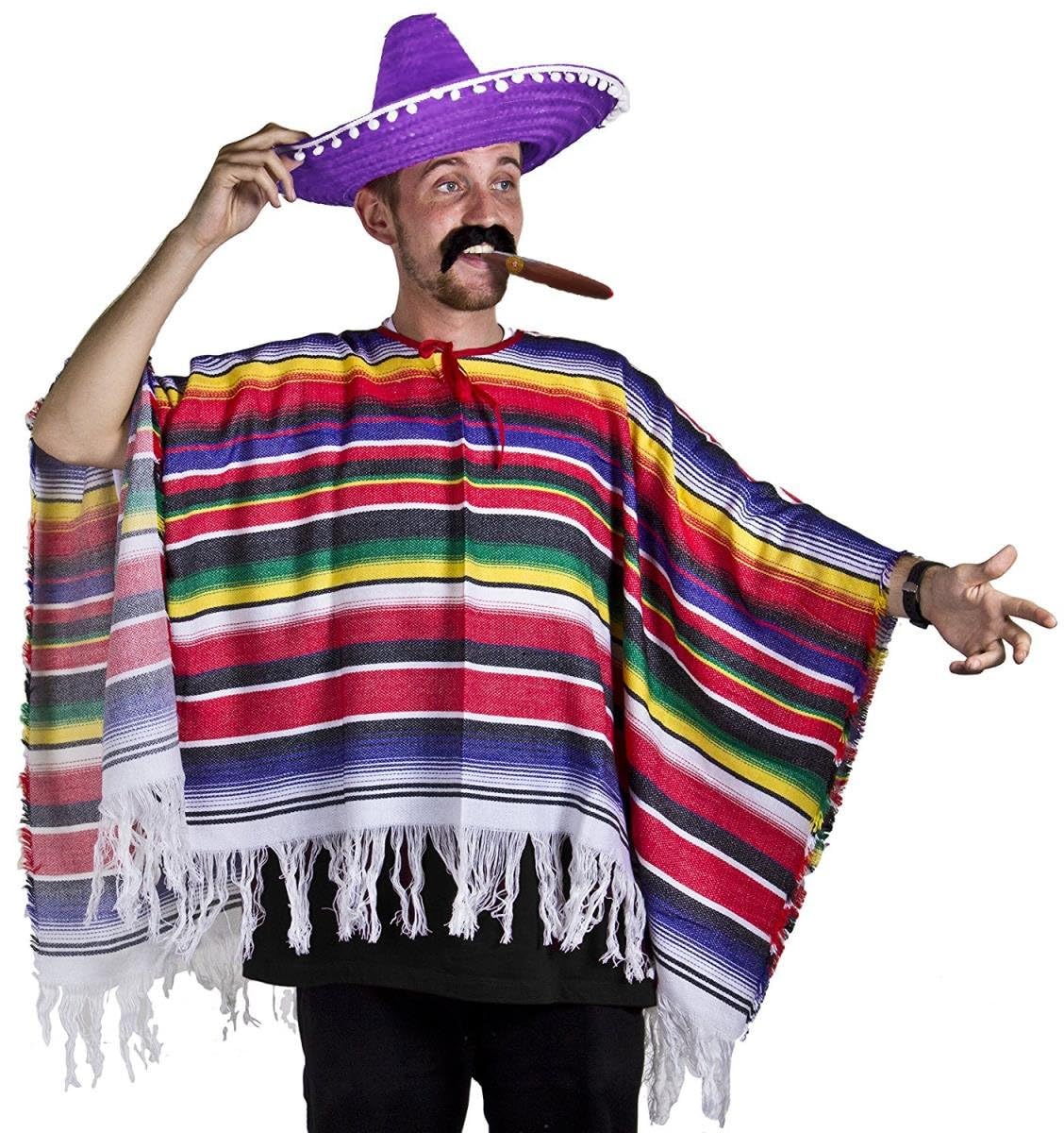 Adults Mexican Costume - Multicoloured Poncho, Purple Sombrero, Black Stick-On Moustache - Mens Womens Mexico Cinco de Mayo Mariachi Bandit Fancy Dress Costume