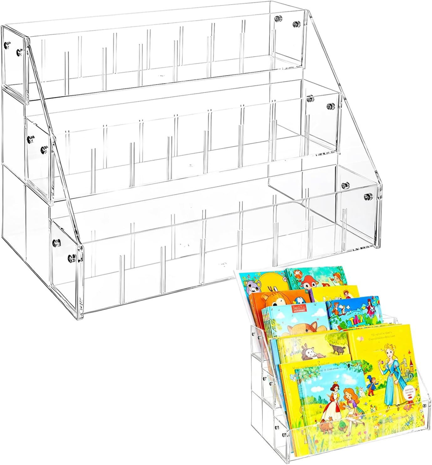 Small Bookshelf 3-Tier Clear Acrylic Book Display Organizer Front Facing Toddler Montessori Style Book Shelf Durable Bookcase for Nursery Room, Playroom, Classroom, and Reading Corner