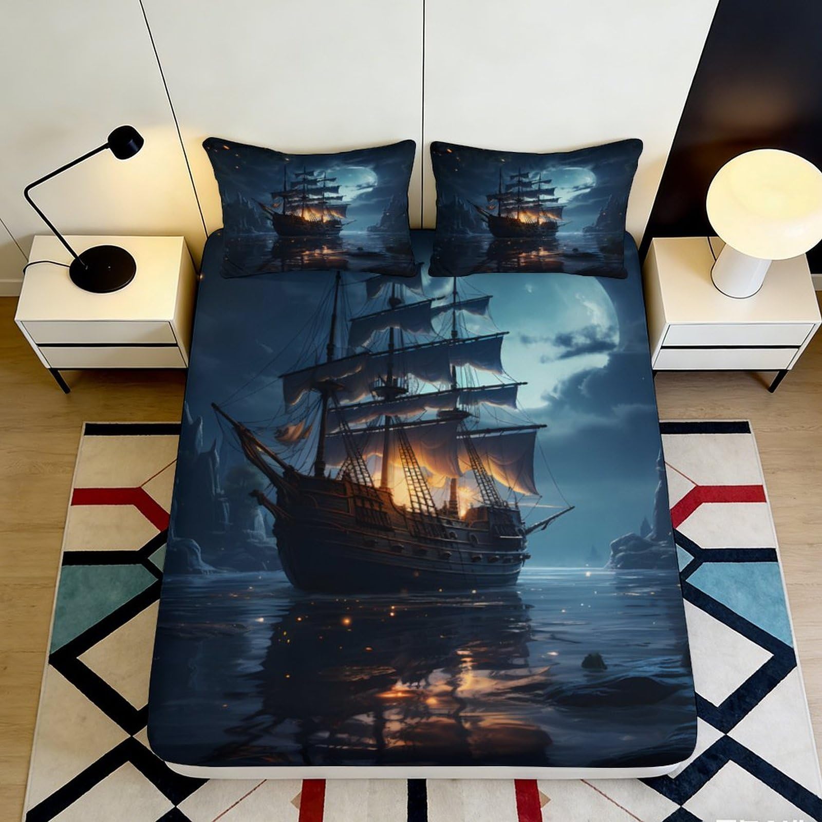 Pnayamiorkfel Style-10 3D Printed Pirate Ship Night Fitted Sheet Microfiber Soft Bed Cover Ocean Adventure Mattress Cover Bedroom Decor 90X200x25cm
