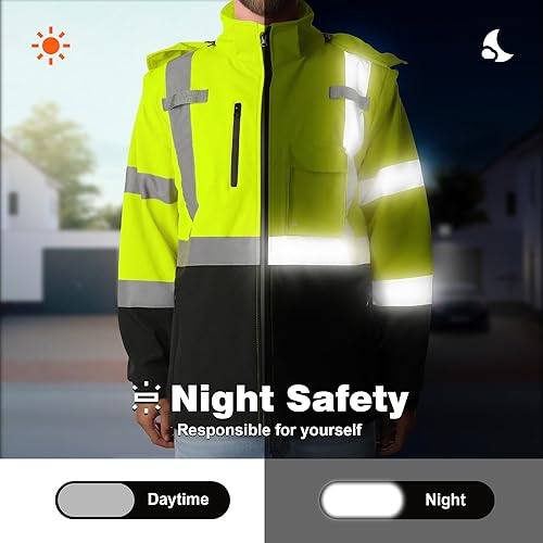 Miniatura 7 de SHORFUNE Chaqueta de seguridad de alta visibilidad, chaqueta bomber reflectante impermeable y resistente al viento, Amarillo oscuro