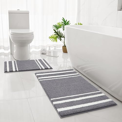Miniatura 7 de HOMEIDEAS Juego de 2 alfombras de baño, a rayas, súper absorbentes, de microfibra suave, antideslizantes, lavables, para ducha y bañera (gris)