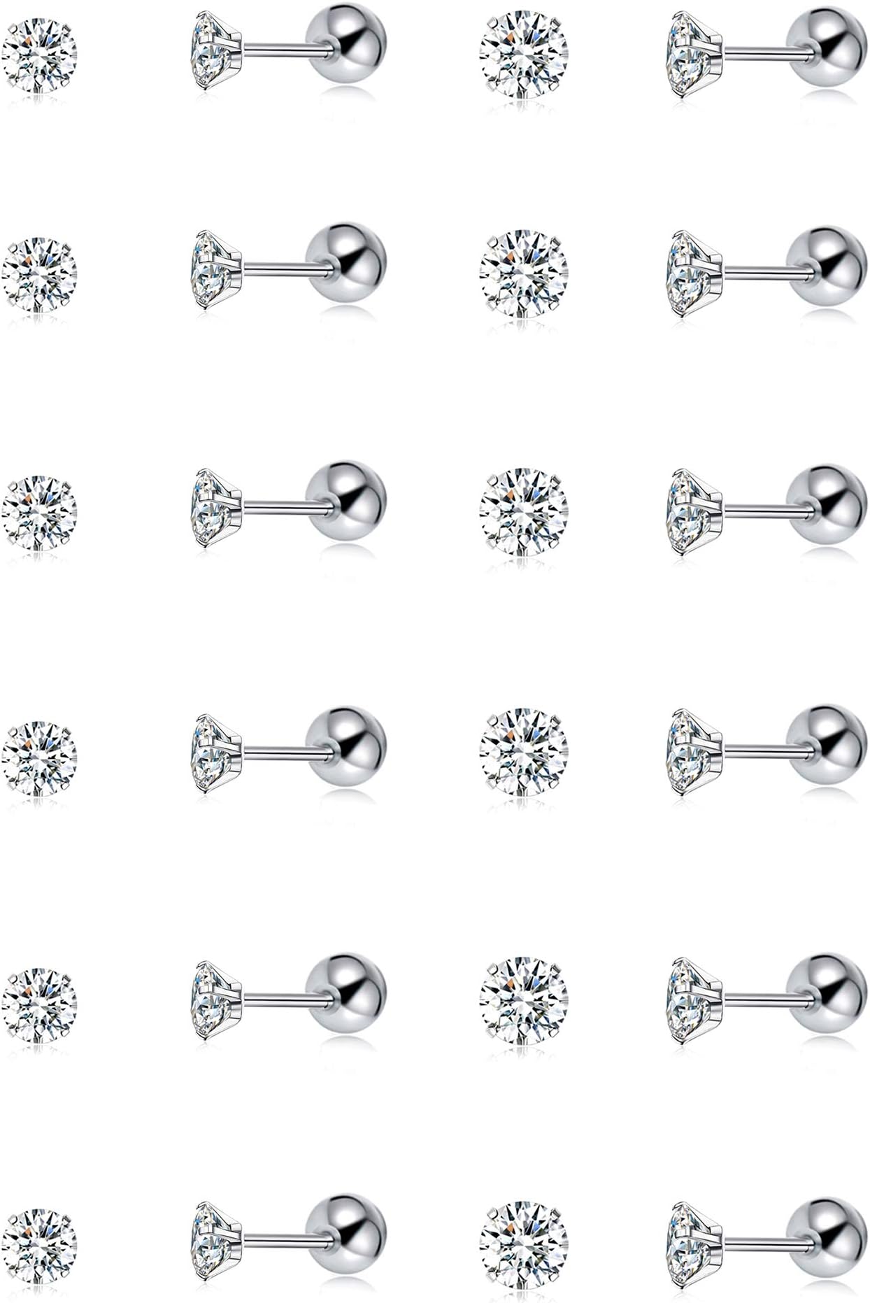 Tornito 12 Pairs Tiny Stud Earrings Stainless Steel Round Cubic Zirconia Barbell Stud Earrings Set For Men Women Screw Flat Back Earrings 2MM-3MM 20G