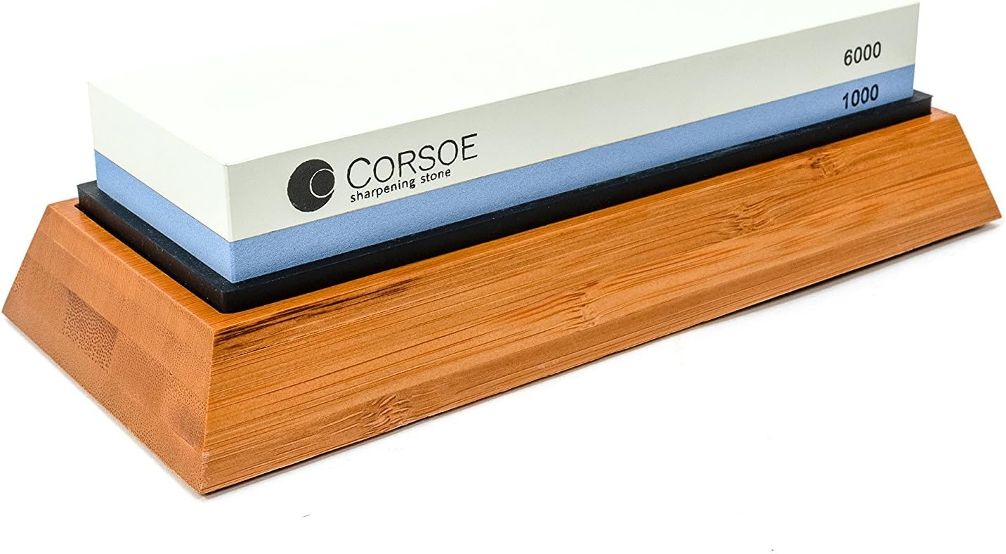 Corsoe Best Two-sided Knife Sharpening Stone 1000 Grit / 6000 Grit with Non-slip Bamboo Base/Professional Knife Sharpener with Holder/Popular Whetstone Knife Sharpener/Aluminum Oxide