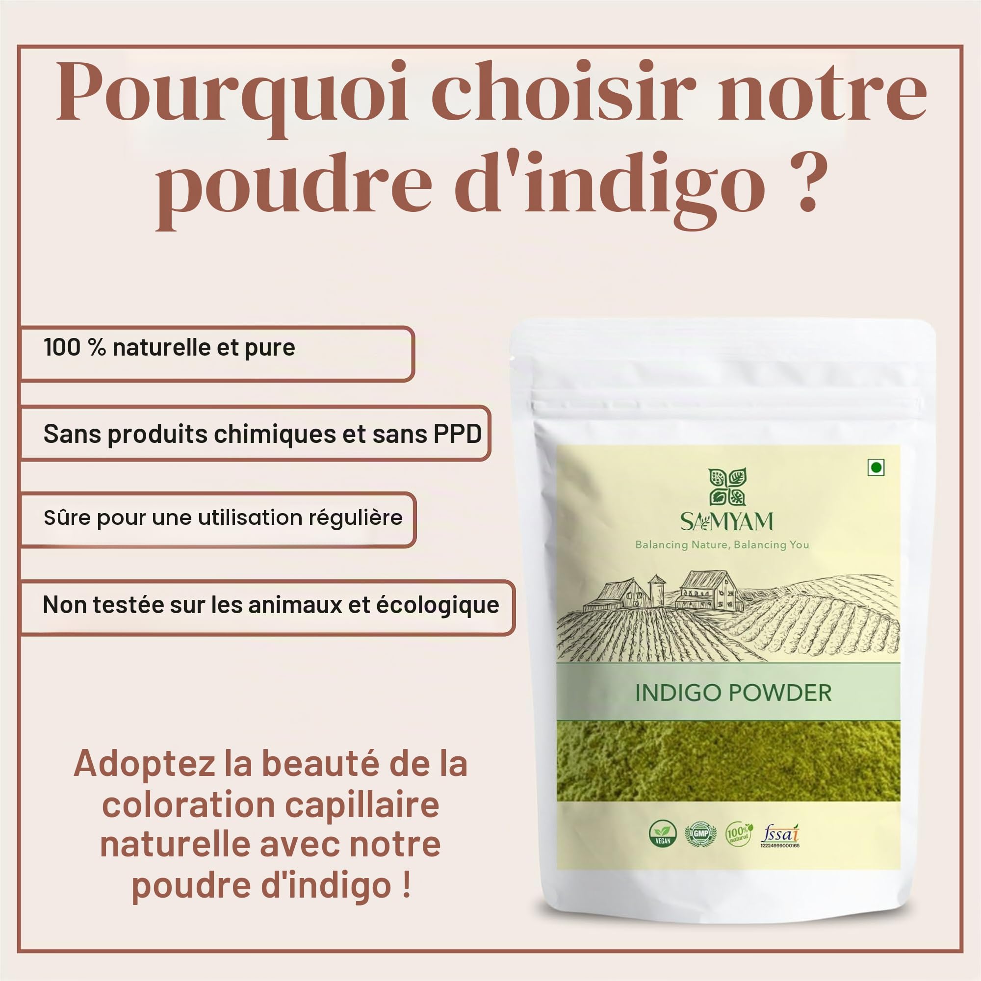 SAMYAM Poudre d'indigo naturelle - Paquet de 500 g | Teinture capillaire naturelle, sans produits chimiques ni PPD