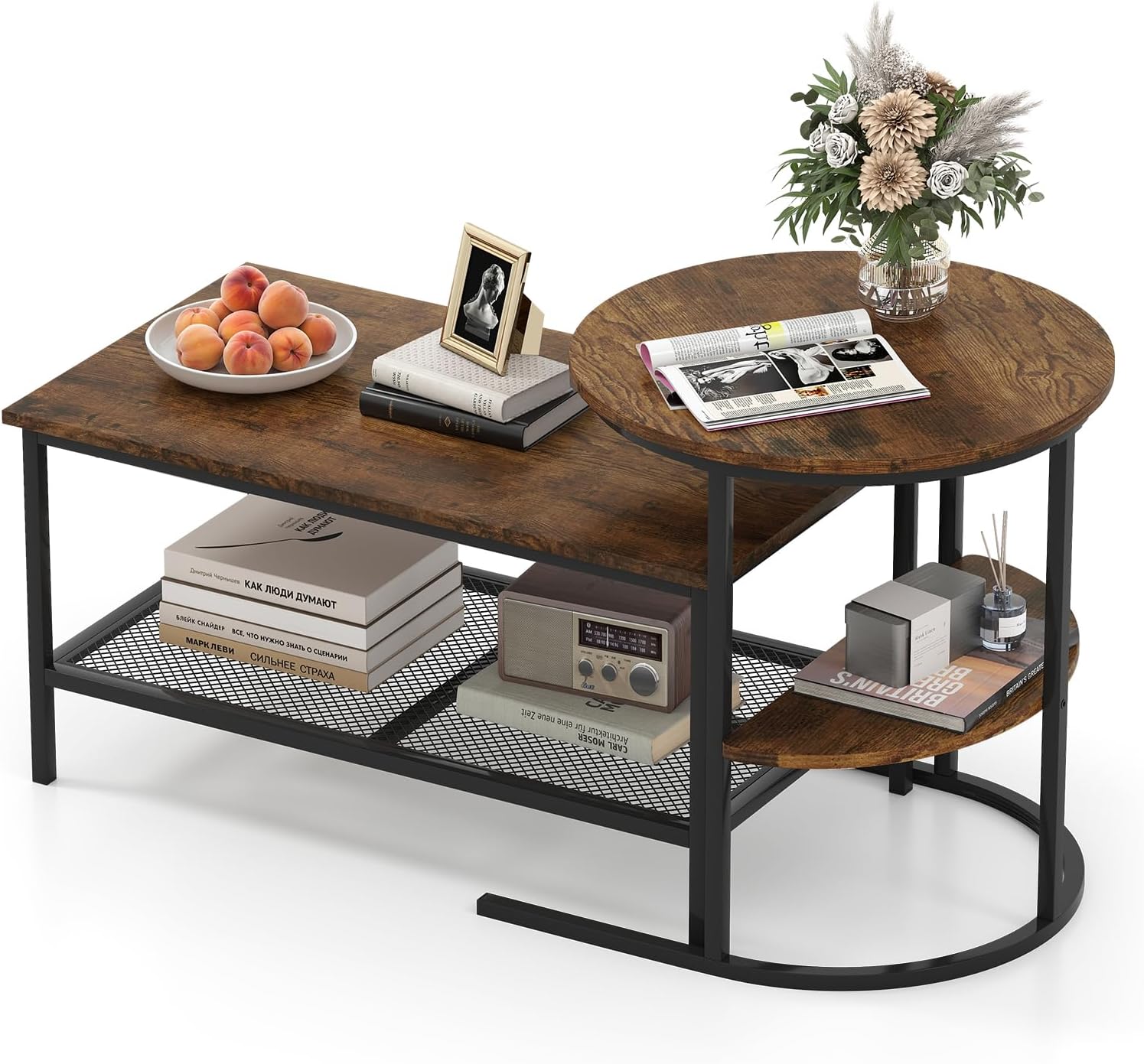 Giantex Nesting Coffee Table Set of 2, Detachable Rectangular Table & Round Table Set w/Wood Grain, Sturdy Golden Metal Frame, Modern Stacking Side Table for Living Room, Bedroom, Rustic Brown