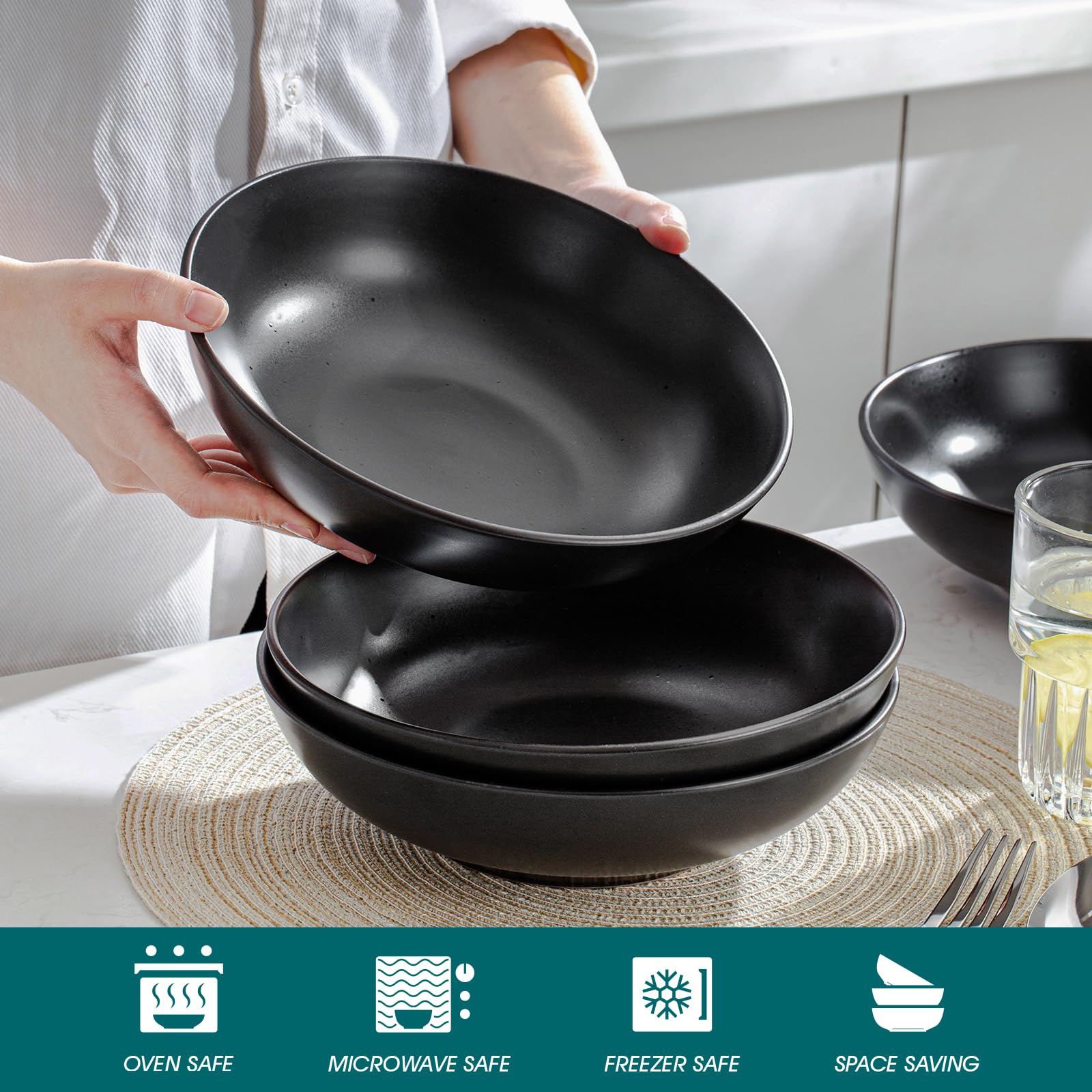 vancasso MODA Ciotole per Pasta Set di 4, 22.3 x 6.3 cm Piatti Fondi in Gres, Piatti per Pasta, 45 oz Ciotole Grandi per Insalata, Adatti al Forno a Microonde e Lavastoviglie, Nero