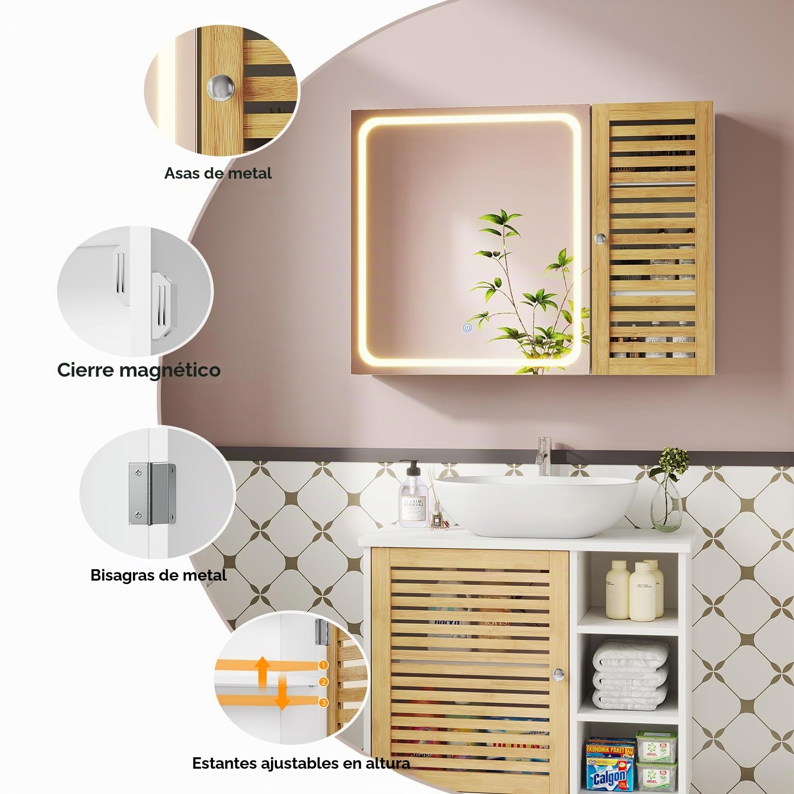 Armario con espejo para baño con iluminación, armario de baño con espejo, armario con 6 estantes, 4 estantes ajustables, armario colgante con puerta de bambú, 80 × 60 × 16 cm