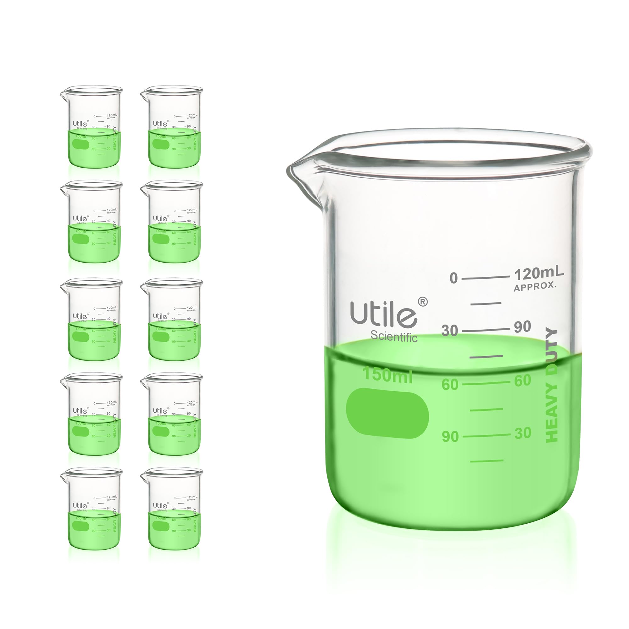 Utile 10 Stück Borosilikatglas Becher 3.3 150 ml mit aufgedruckter Skala 4000.0150.10