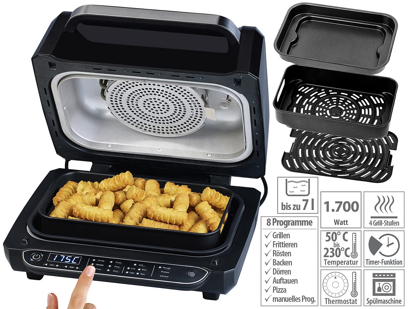 Rosenstein & Söhne Frytkownica beztłuszczowa 3 w 1 z grillem stołowym, 1700 W, wyświetlacz LED, do 7 l, czarna