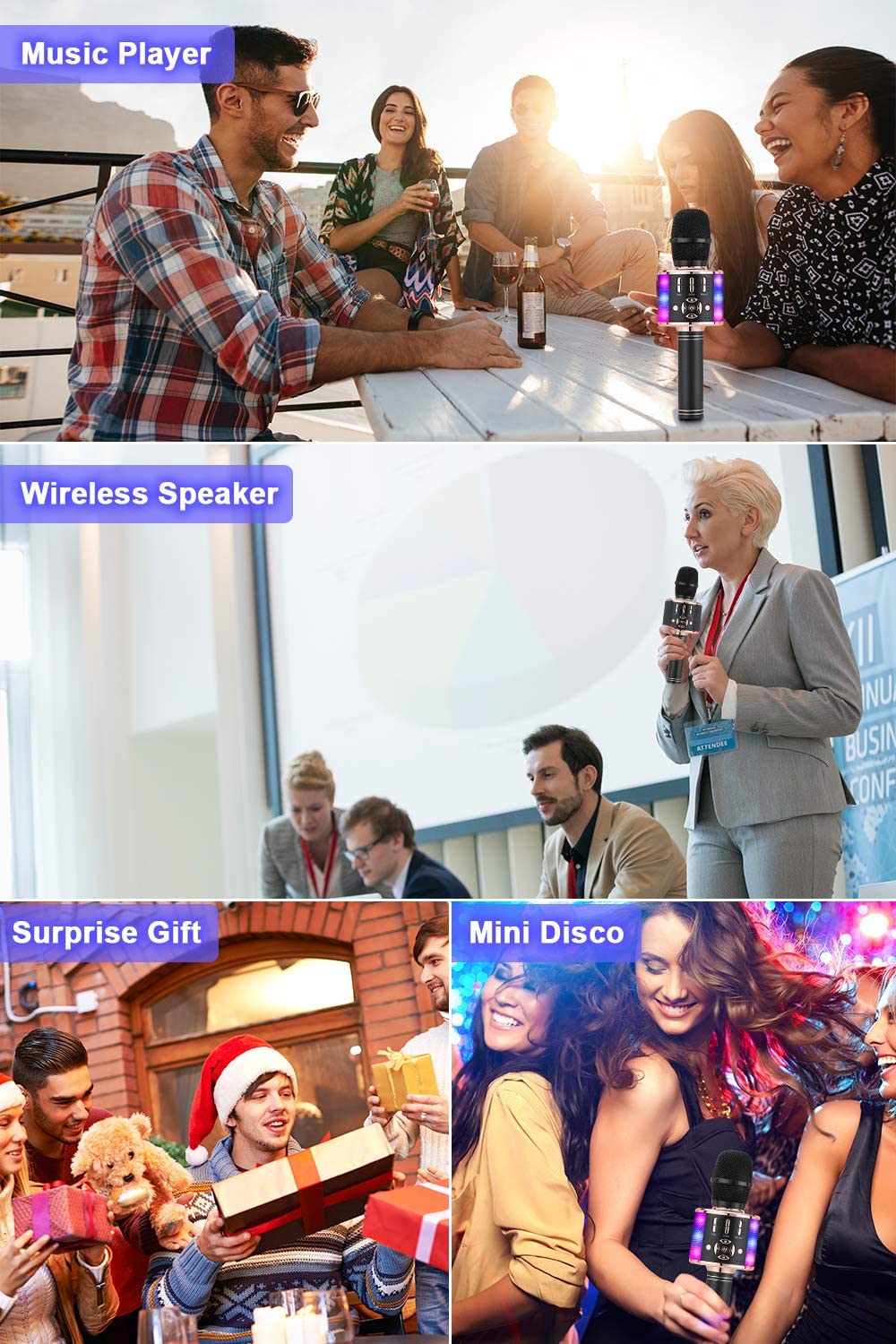 Mikrofon dla dzieci bezprzewodowy, magiczny dźwięk karaoke, bezprzewodowy mikrofon 4 w 1, maszyna do karaoke Bluetooth, maszyna do karaoke dla dorosłych, na imprezę, na zewnątrz, w podróż, czarny