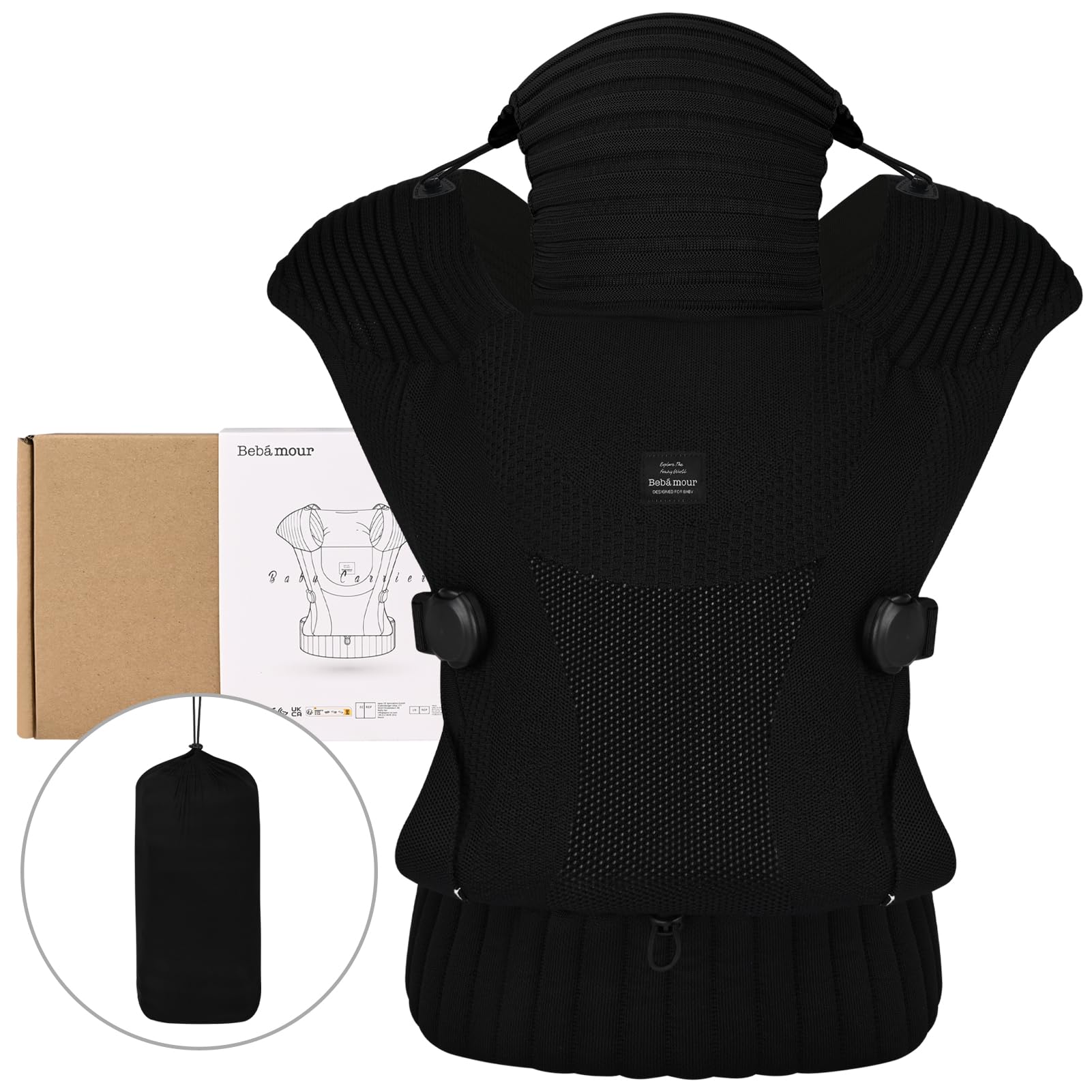 Bebamour Knit Baby Carrier,Cozy and Lightweight Carrier for 4-24 Months,Ergonomic Baby Carrier with Head Hood, Black - 5
