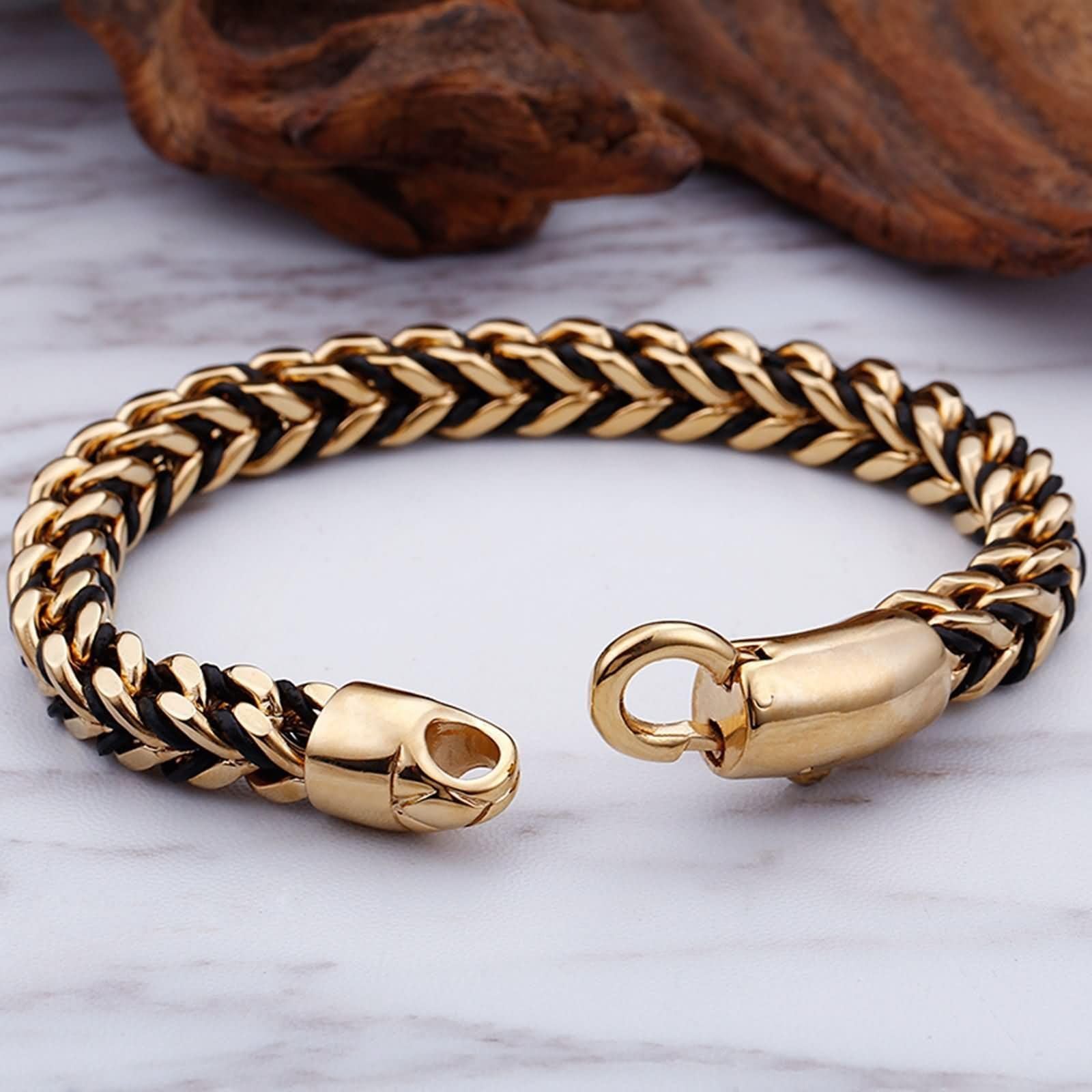 Brazalete de Hombre Negro Oro,Brazaletes de Mujer Acero Inoxidable Cadena 8MM Brazalete Hombre 22 CM