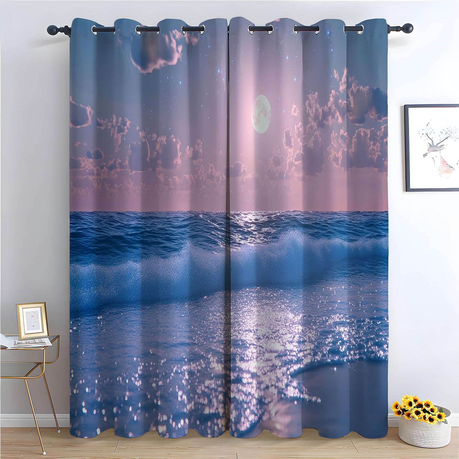 WIKEO Floral Curtains for Living Room Purple Beach Scenery Botanical Blackout Curtain,Thermal Insulated Long Farmhouse Print Decorative Grommet Drapes, 2 Panels-52 W x 96" L (Pack of 2)
