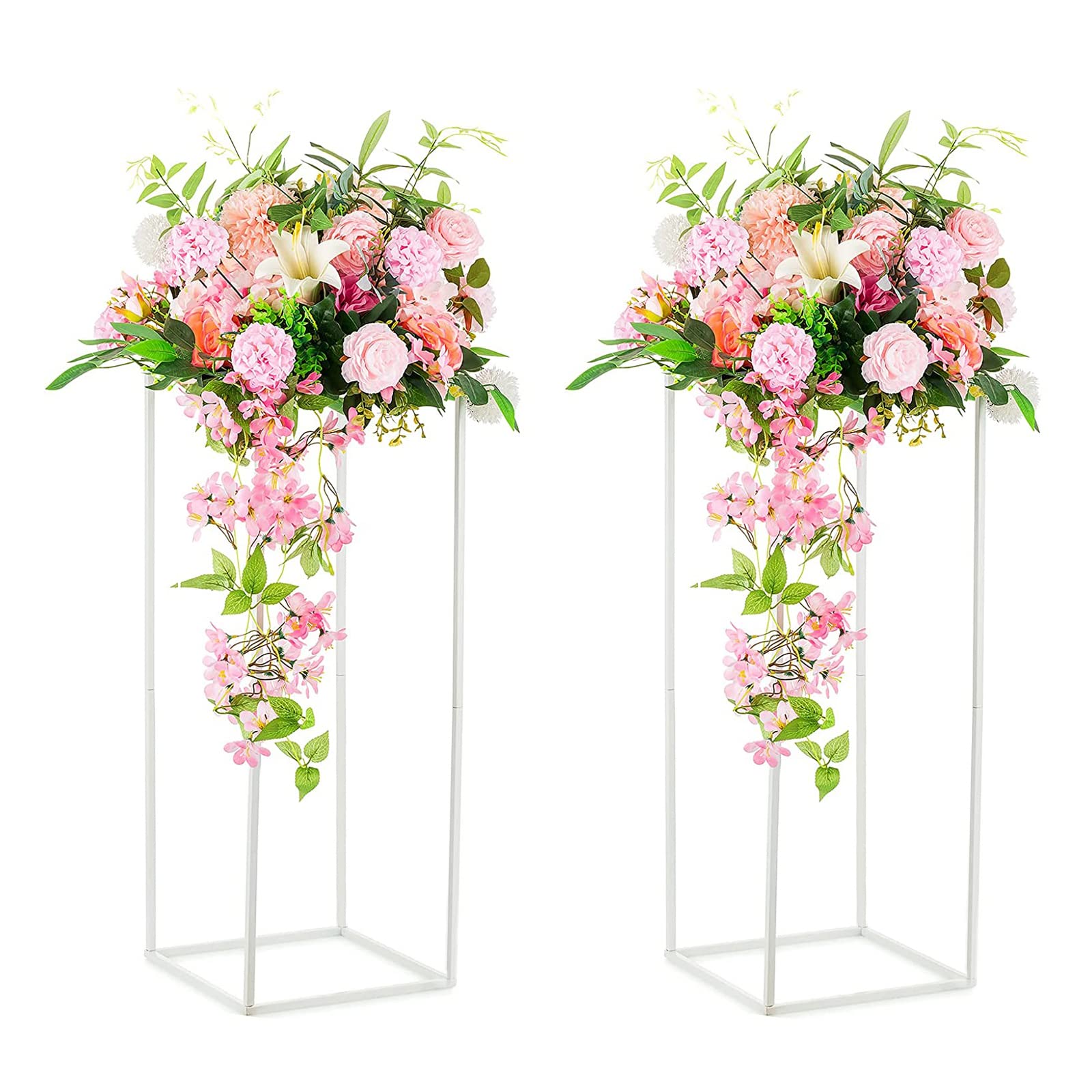 Warmiehomy 2 Pcs White Flower Stand, Rectangular Wedding Centrepieces for Tables, 80cm Tall Geometric Flower Plant Stand, Metal Vase for Wedding Table Party Living Room Birthday Decoration
