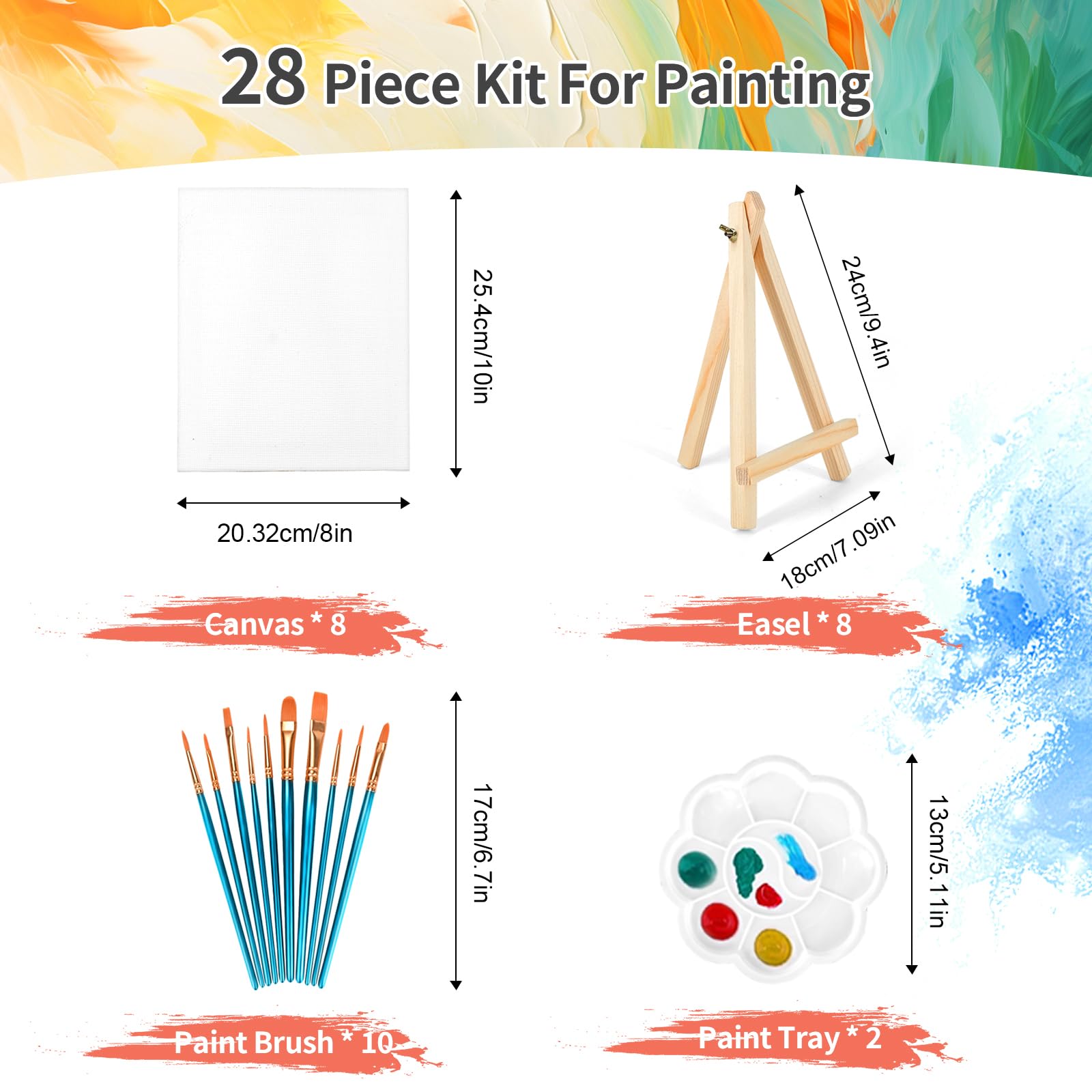 8 Pack 8 * 10In Canvas Boards for Painting, Art Canvas for Drawing with 10 Brushes & 2 Paint Trays, Mini Painting Canvas with Easel Set, Painting Kits for Adults & Kids Party