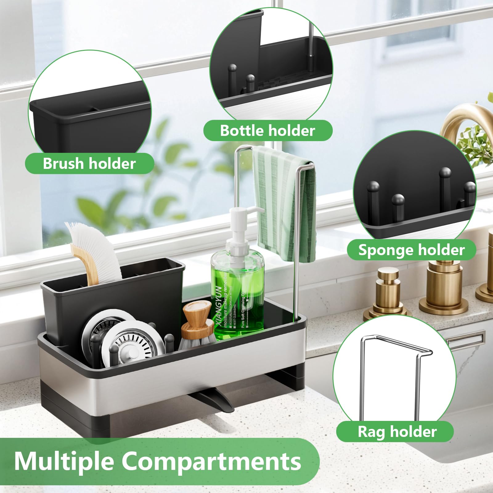 Alyvisun Grande Capacità Porta Spugne Lavello Cucina con Vaschetta di Scarico Autodrenante, Organizer Lavello Cucina in Acciaio Inossidabile, Accessori Multifunzionali per Cucina e Bagno