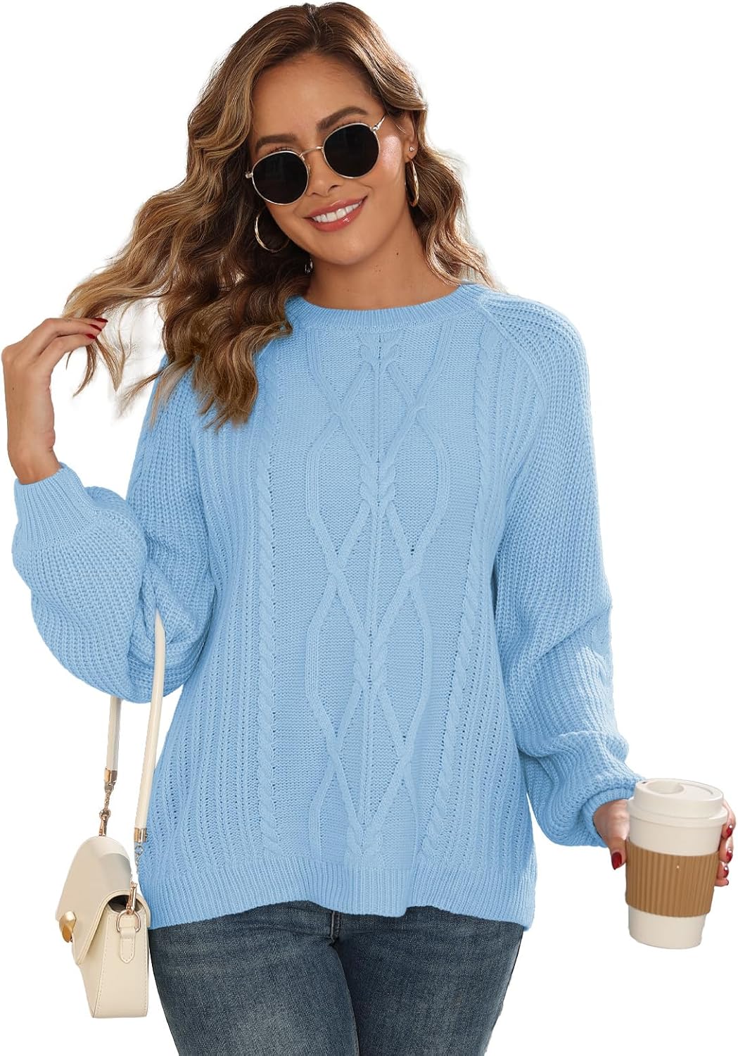 Outfeel Women's Cable Knit Crewneck Sweaters 2025 Fall Winter Long Sleeve Casual Chunky Knit Sweater Pullover Top S-XL