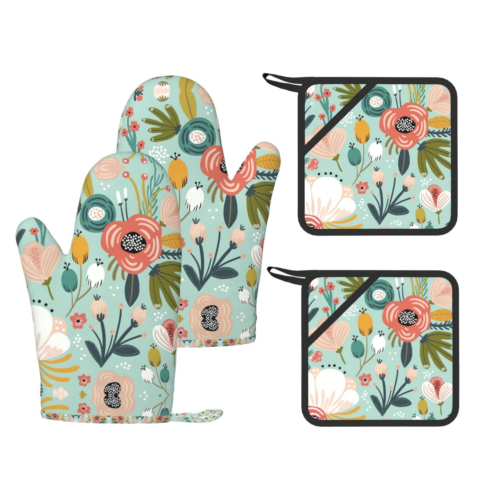 Flowers Printed Pot Holders and Oven Mitts 4-Piece, Non-Slip Kitchen Gloves with Utensil Pocket for BBQ