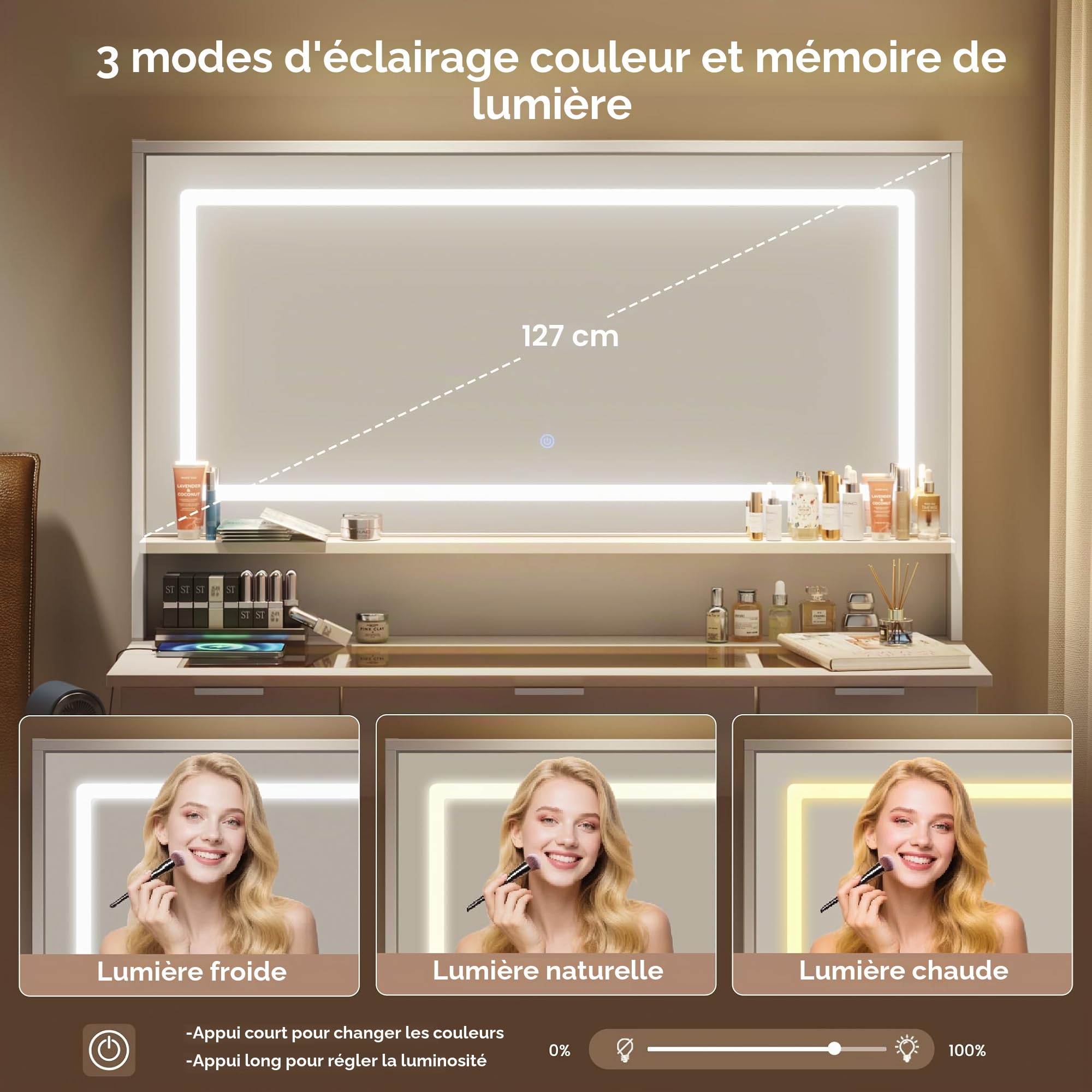 Mondeer Coiffeuse avec Miroir et Tabouret, LED Maquillage Luminosité Réglable avec Plateau en Verre et 11 Tiroirs, Coiffeuse Moderne avec Prise, pour Chambre à Coucher, Blanc