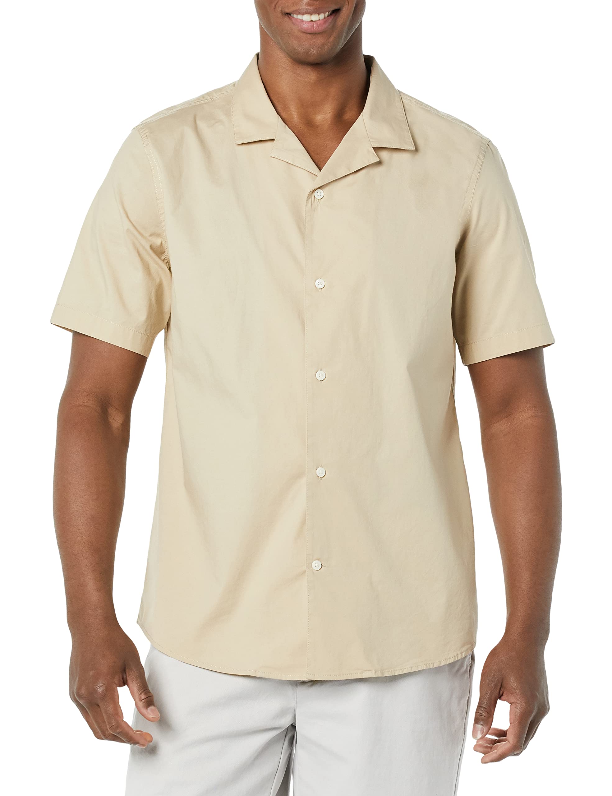 Amazon Essentials Men's Vacation Cotton Button-Down Short Sleeve Resort Shirt, Khaki Brown, Large